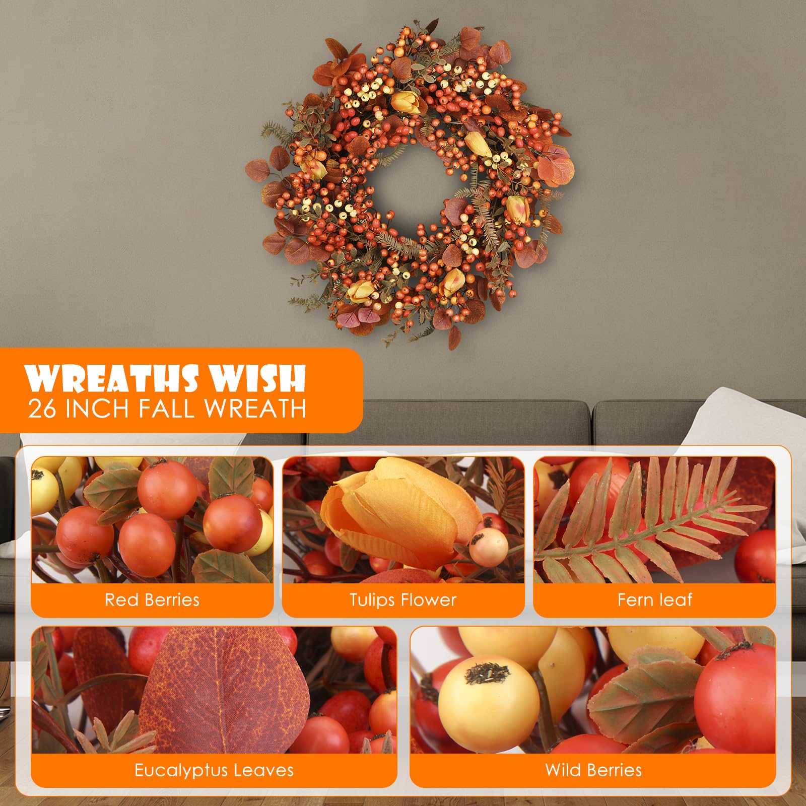 DFRREN 26 Inch Thanksgiving Fall Wreath, Autumn Wreaths for Front Door Fall with Maple Leaves,Oak Leaves,Flowers,and Berries, fo