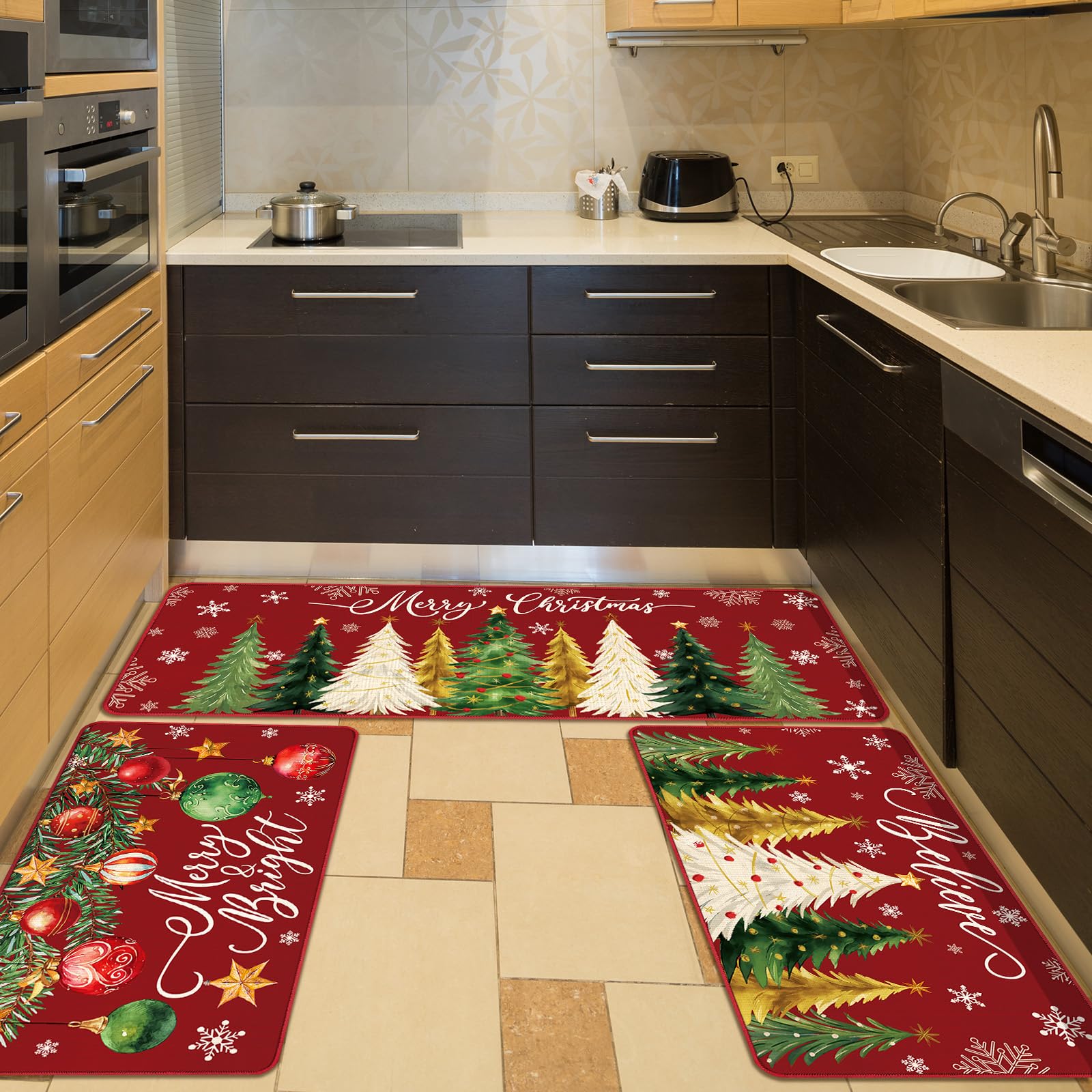 Drydiet 3 Pcs Christmas Kitchen Rug and Mat Set Washable Red Xmas Tree Kitchen Floor Mats Waterproof Non Slip Farmhouse Merry Ch