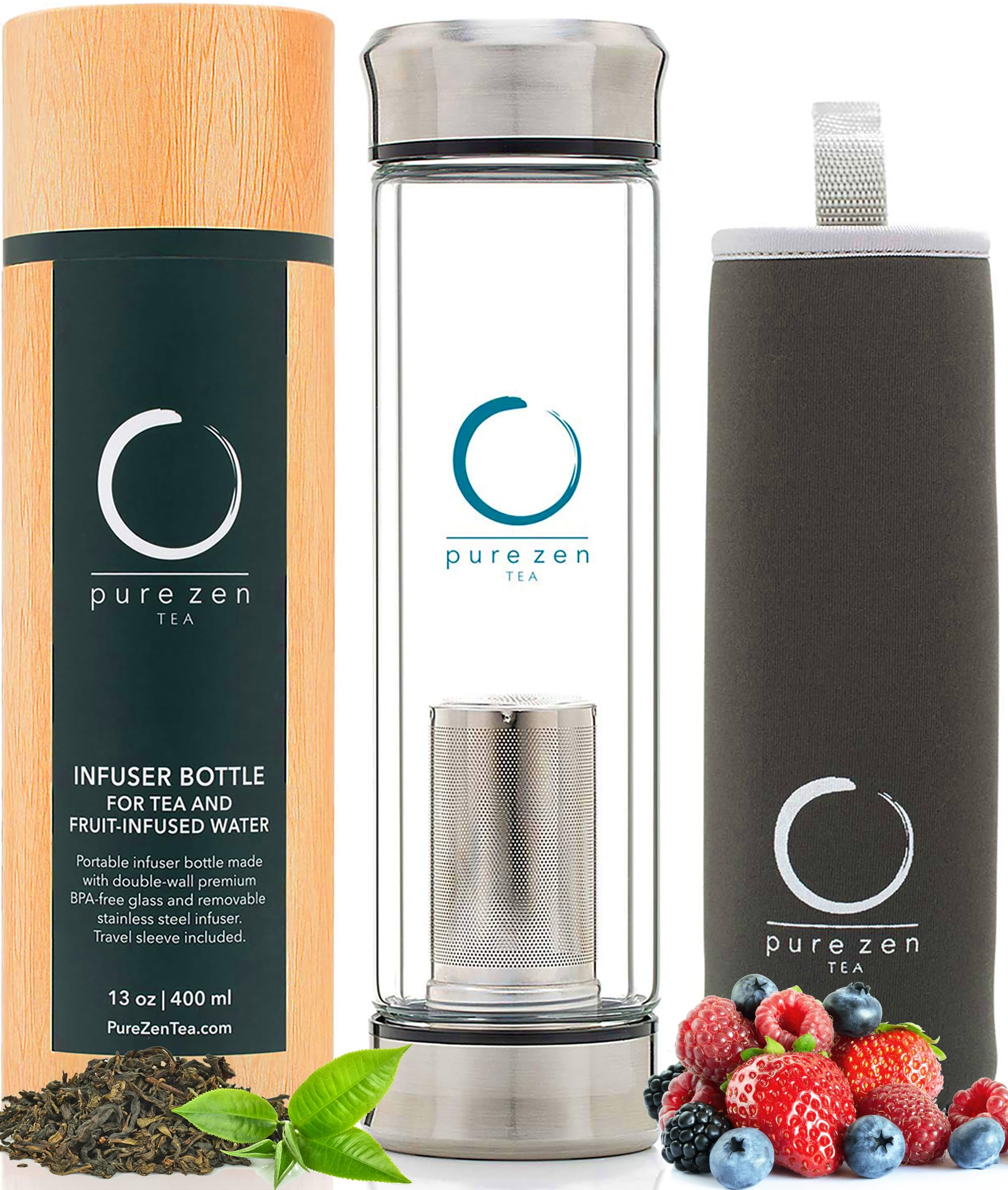 Pure Zen Tea Tumbler With Infuser - Double Wall Glass Travel Tea Mug With Stainless Steel Filter - Leakproof Tea Infuser Bottle