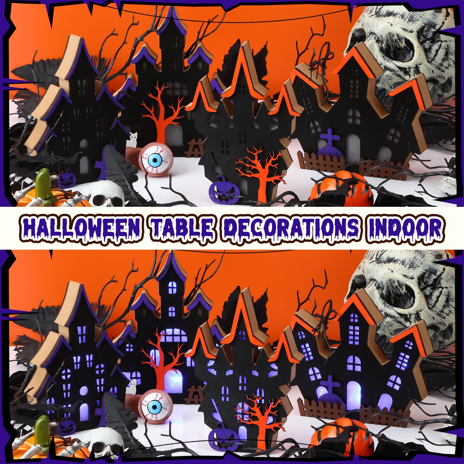 Bucherry 4 Pack Halloween Table Haunted House Decor Lighted Wooden Village Ghost House 3D Tabletop Decorations for Halloween Ind