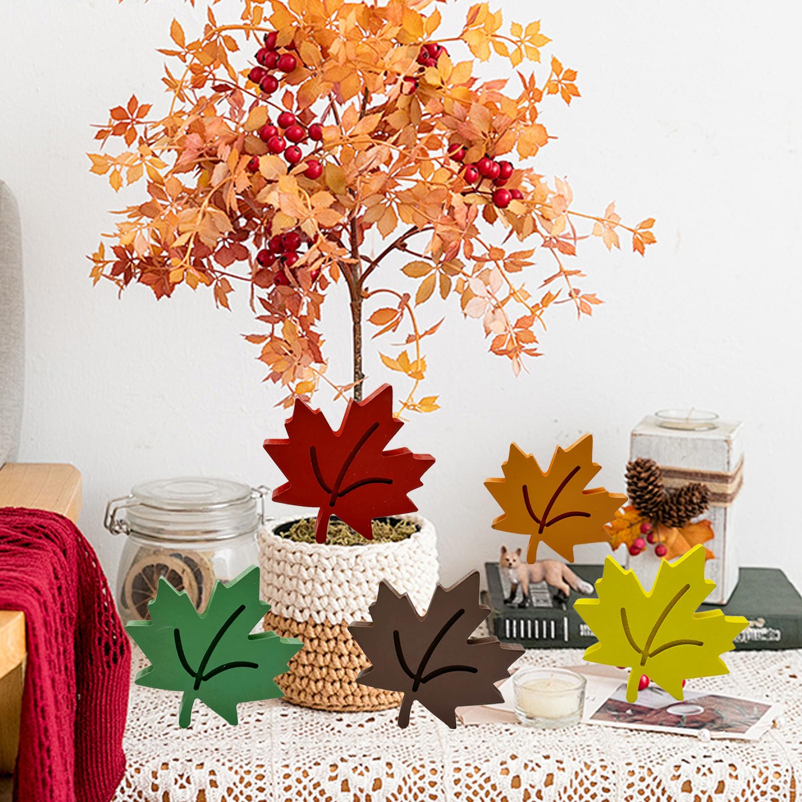5 Pcs Wooden Maple Leaf Ornaments Autumn Leaves Red Orange Yellow Green Brown Harvest Sign for Farmhouse Thanksgiving Home Offic