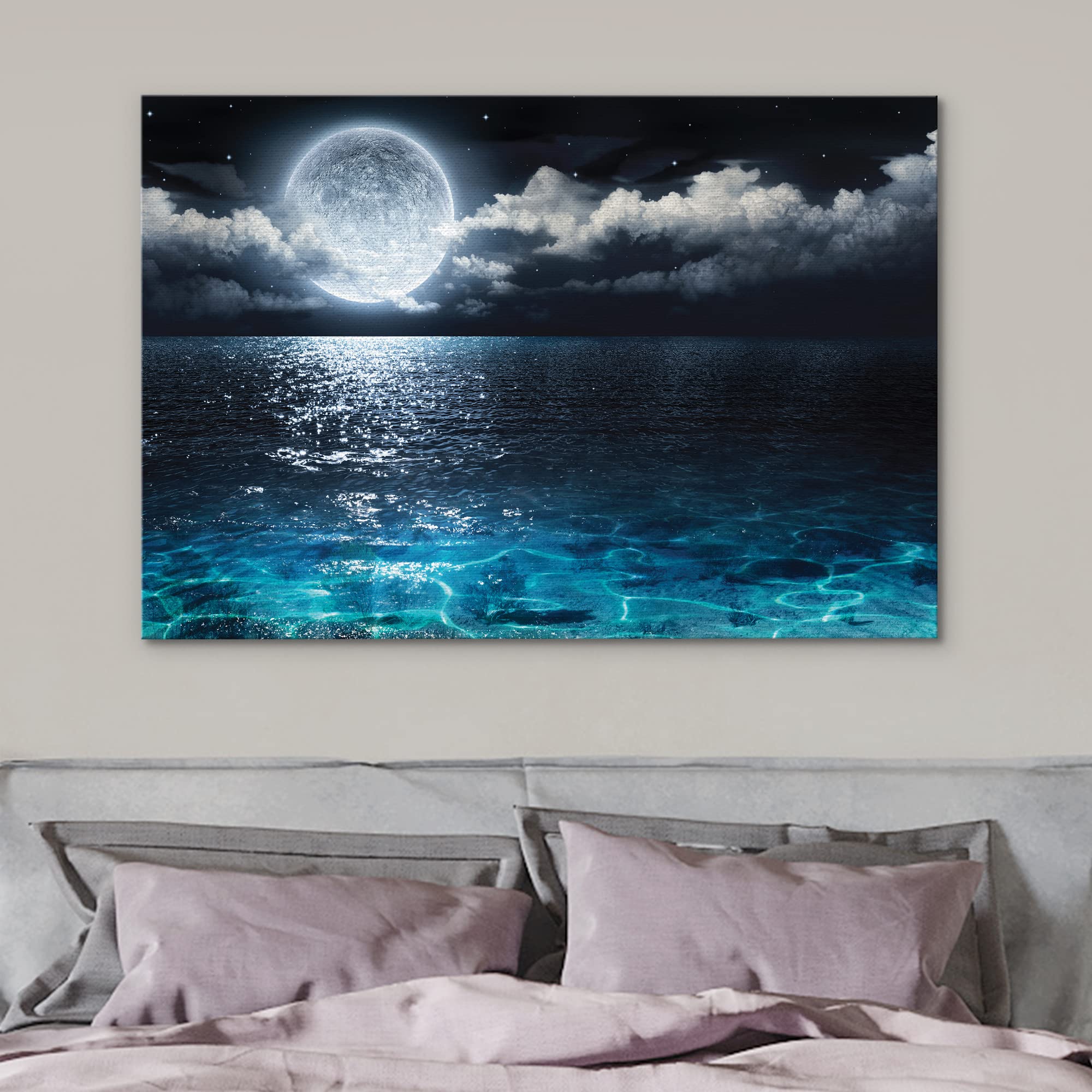 B2T Nwt Canvas Print Wall Art Full Moon In Clouds Over Dark Teal Sea Nature Wilderness Photography Modern Art Rustic Scenic Colo