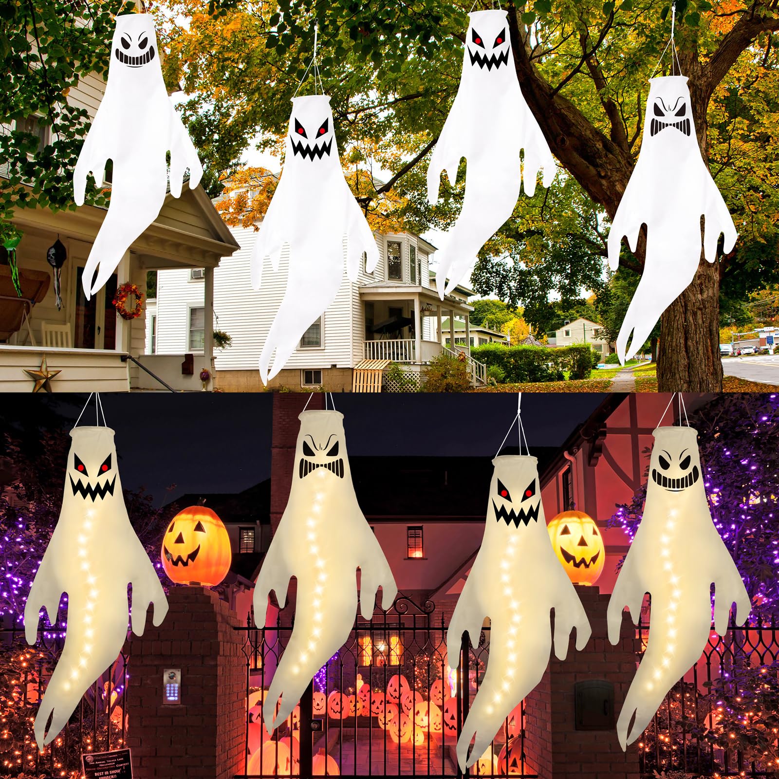 Geefuun 4PCS Warm Light Halloween Fierce Ghost Windsocks Hanging Decorations - 43 Inch Flag Wind Socks for Home Yard Outdoor Dec