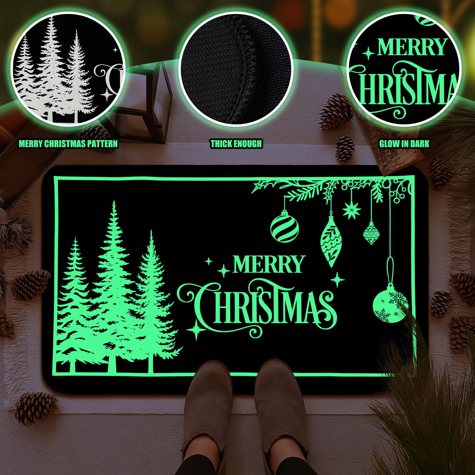 Nuanchu Glow in The Dark Merry Christmas Doormats Entrance Rugs 17x27 Decorative Luminous Kitchen Rugs Light Balls Hanging Xmas