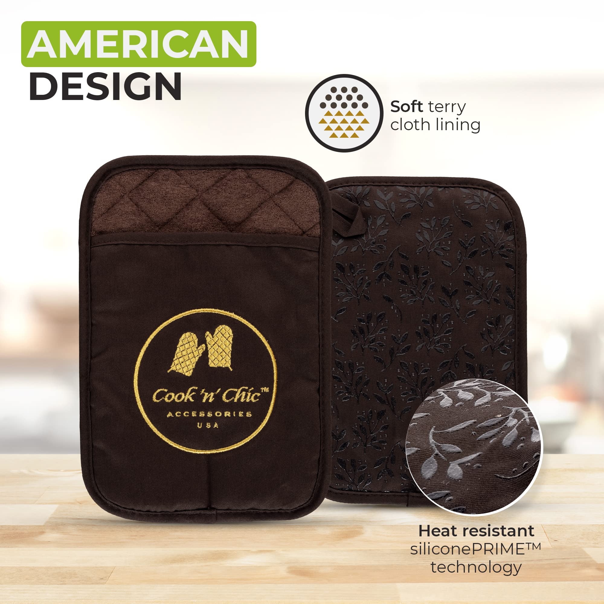 Premium Pot Holders - Heat Resistant - Non Slip Textured Silicone Grip - Washable Mittens For Cooking Baking - Flexible Soft Ter