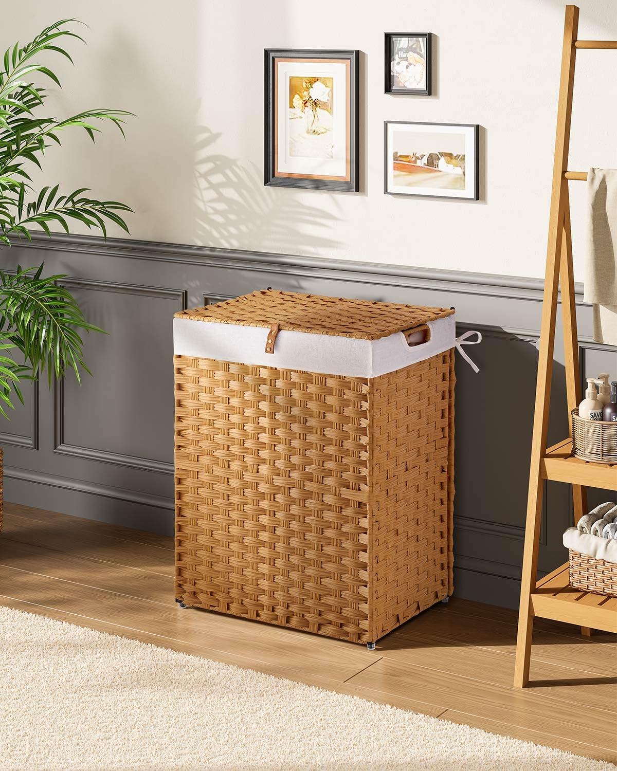 Greenstell Laundry Hamper No Install Needed  Divided Clothes Hamper with 2 Removable Liner Bags  90L Handwoven Synthetic Rattan Laundry Basket with Lid and Handles  Foldable Natural