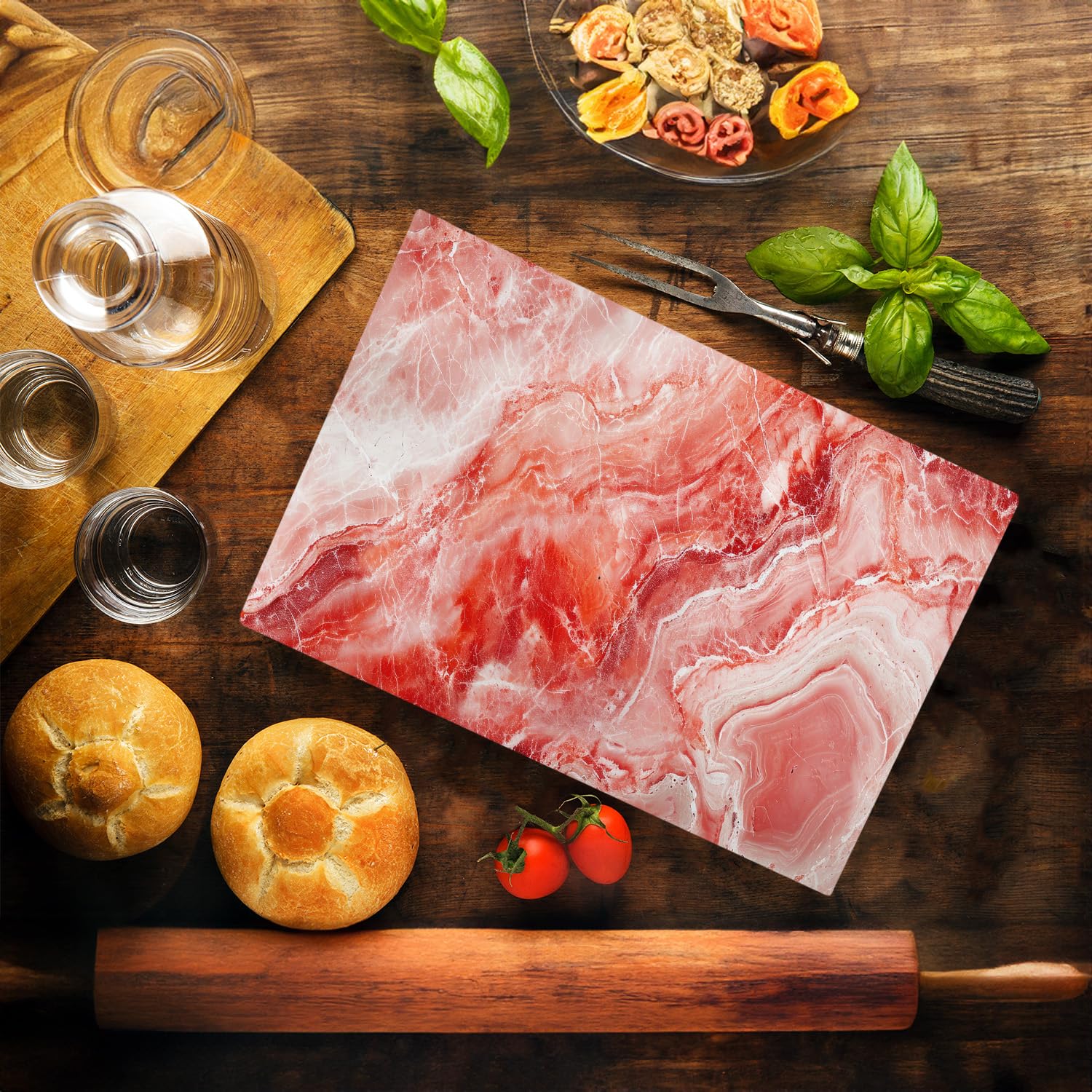 Red Marble Kitchen Glass Cutting Board Ocean Decorative Gift Marbled Granite Stone Rock Gift For Her Mom Wife (Red Marble)
