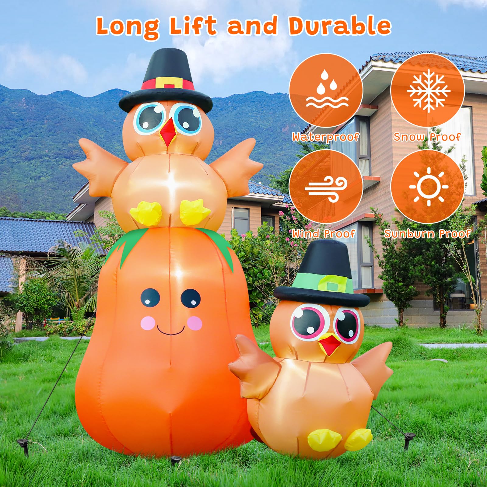 FunFanso 5FT Thanksgiving Inflatable Turkey on Pumpkin Outdoor Decoration, Lovely Blow Up Turkey with Built-in LED Lights for Ga