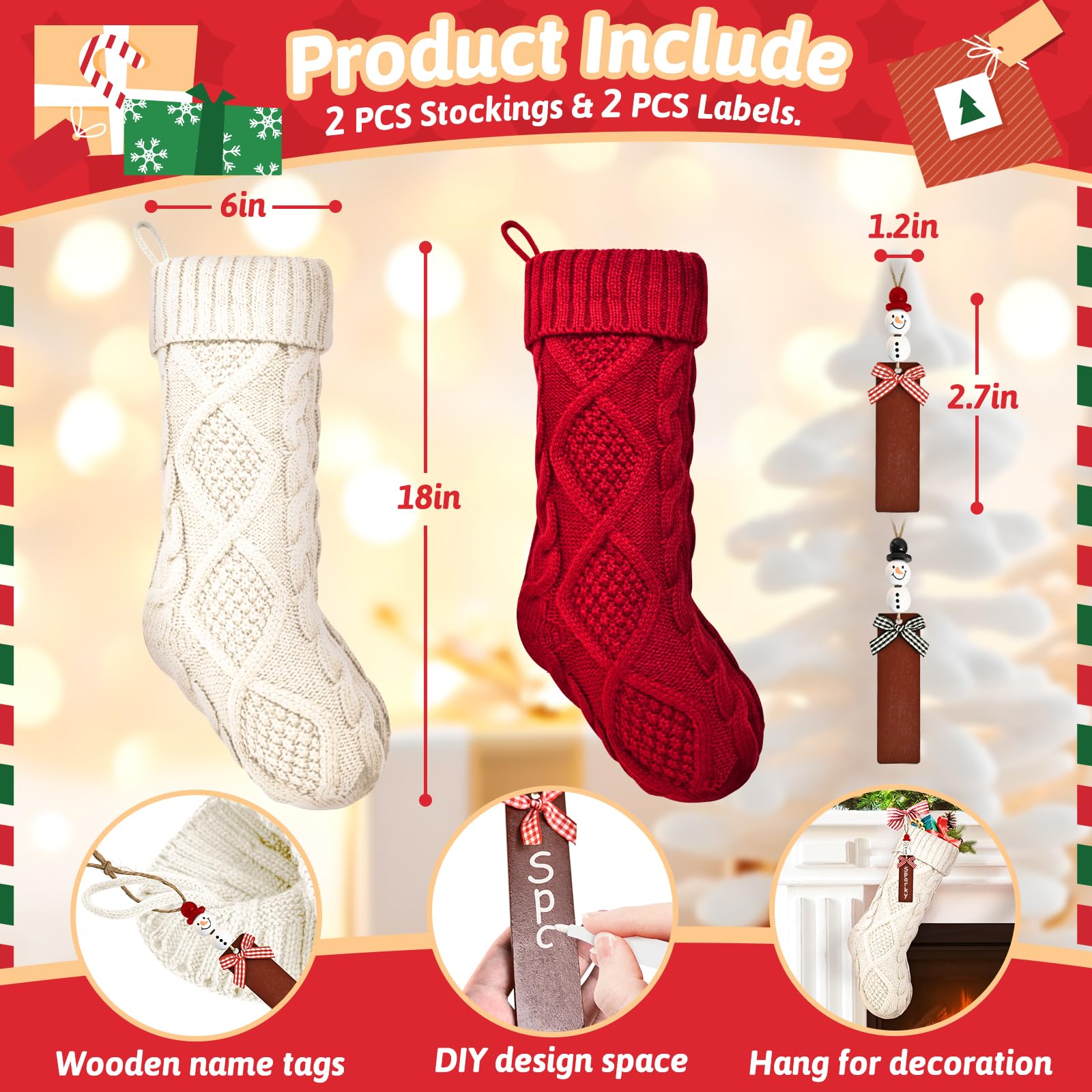 MASHDE Christmas Stocking, 2Pcs Personalized Christmas Stockings with DIY Snowman Name Tags, 18 Inches Large Xmas Knit Stockings