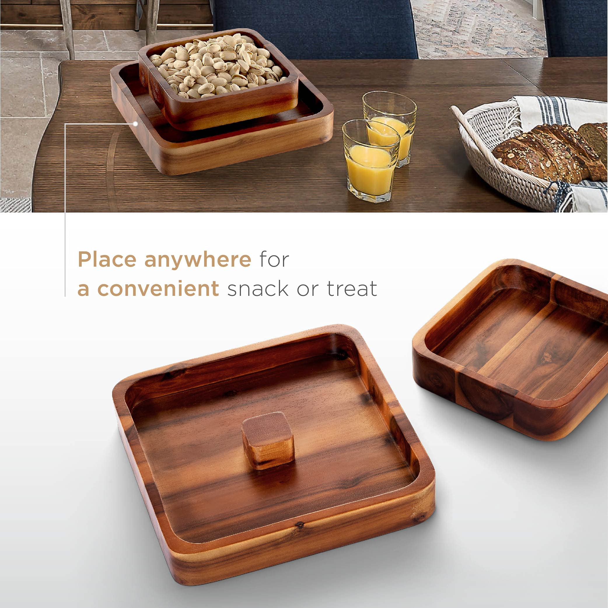 Fanatu Wood Pistachio Snack Bowl With Shell Storage, Double Dish Holder Nut Bowl Pedestal For Sunflower Seed, Peanut, Cherries,