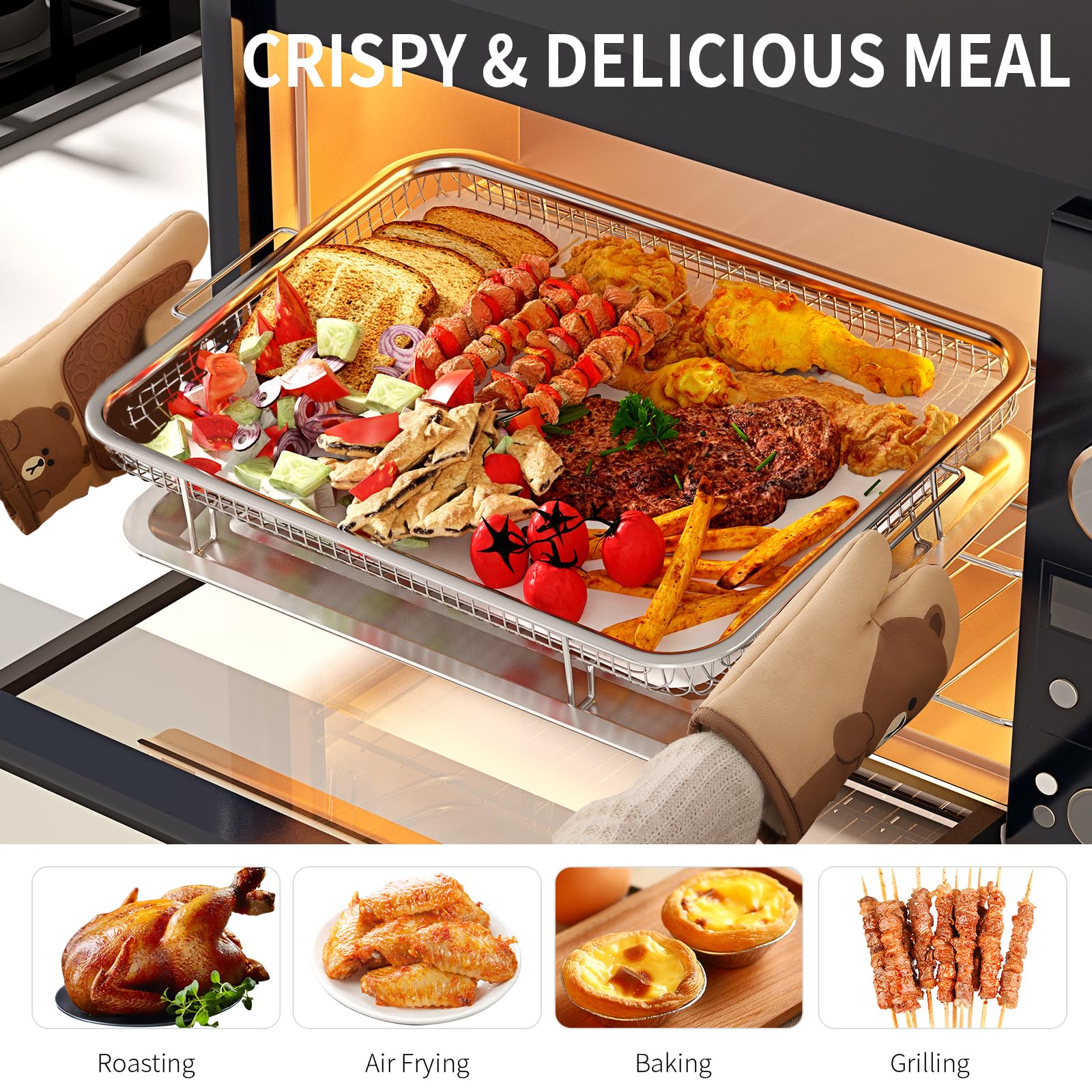 Air Fryer Basket For Oven, Openice 15.6'' X 11.6'' Large Air Fryer Basket And Pan With 30Pcs Parchment Papers, Stainless Steel O