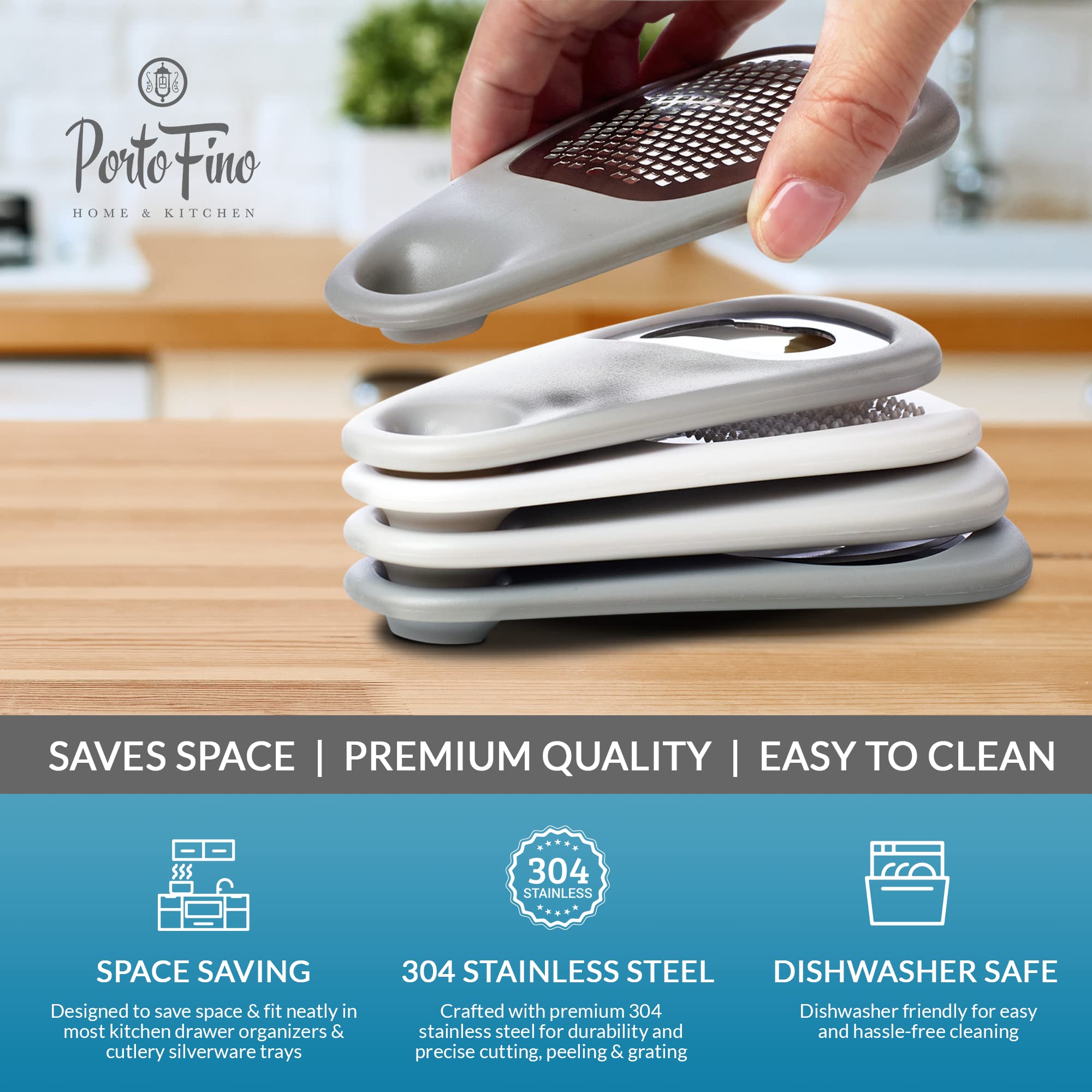PortoFino Kitchen Gadgets Set - 5 Stainless Steel RV Accessories, Grey & White, Dishwasher Safe, Ideal Camper Gifts