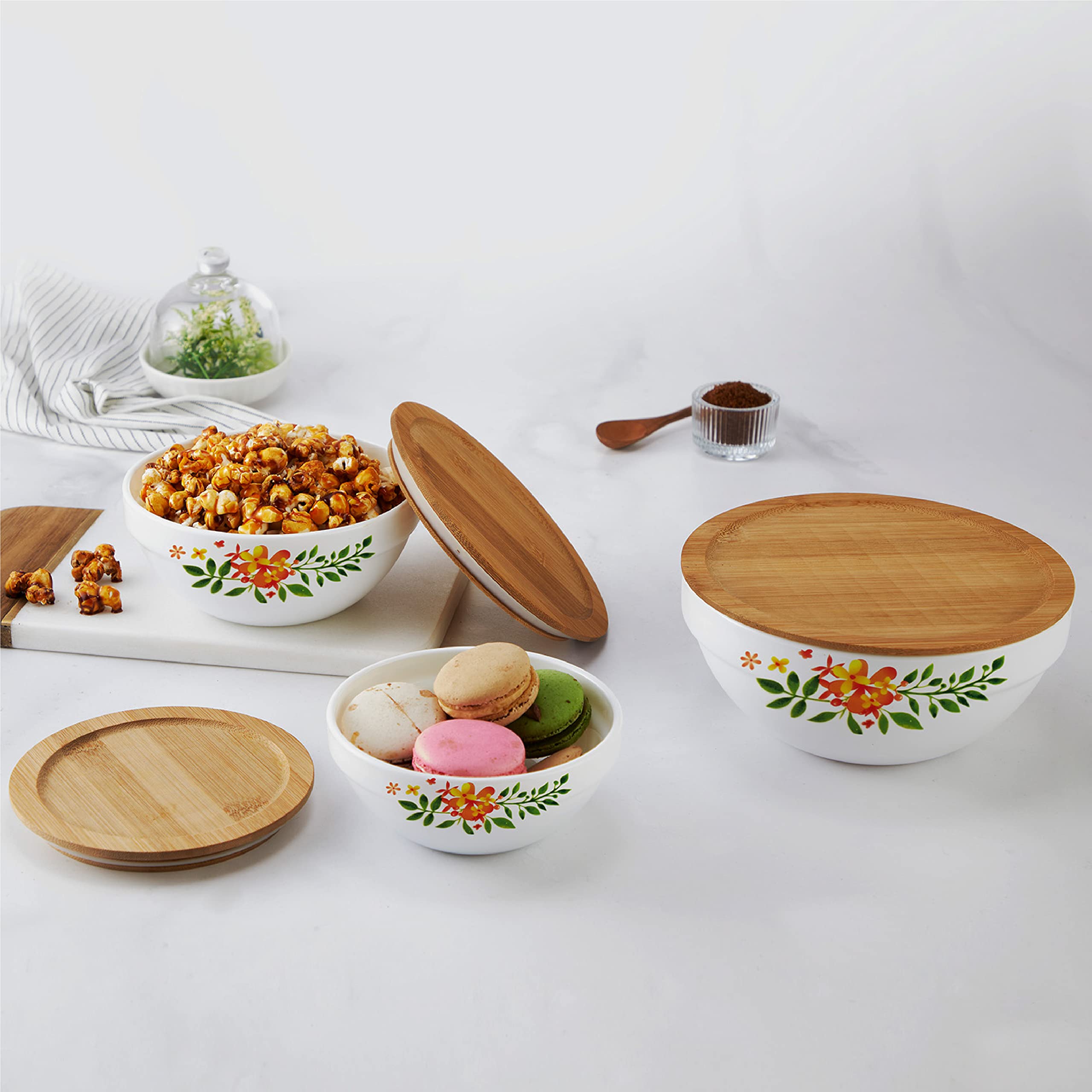 Cello Opalware Royale Mixing Bowl Set With Bamboo Lid - Lily 500Ml, 1000Ml, 1500Ml, White, 3 Units