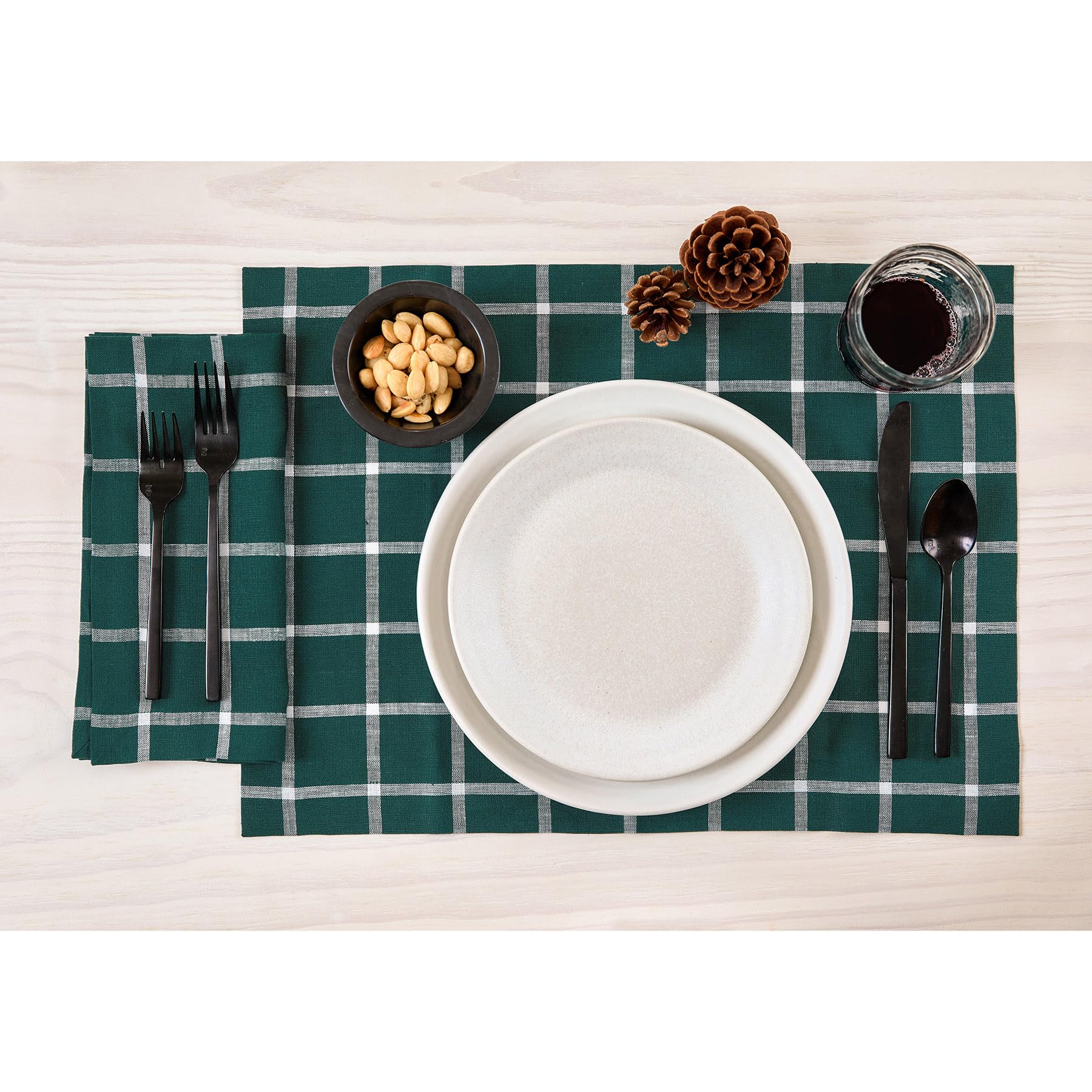 Solino Home Plaid Linen Cloth Napkins Set Of 4-100% Pure Linen Dark Green Check Dinner Napkins 20 X 20 Inch - Handcrafted And Ma