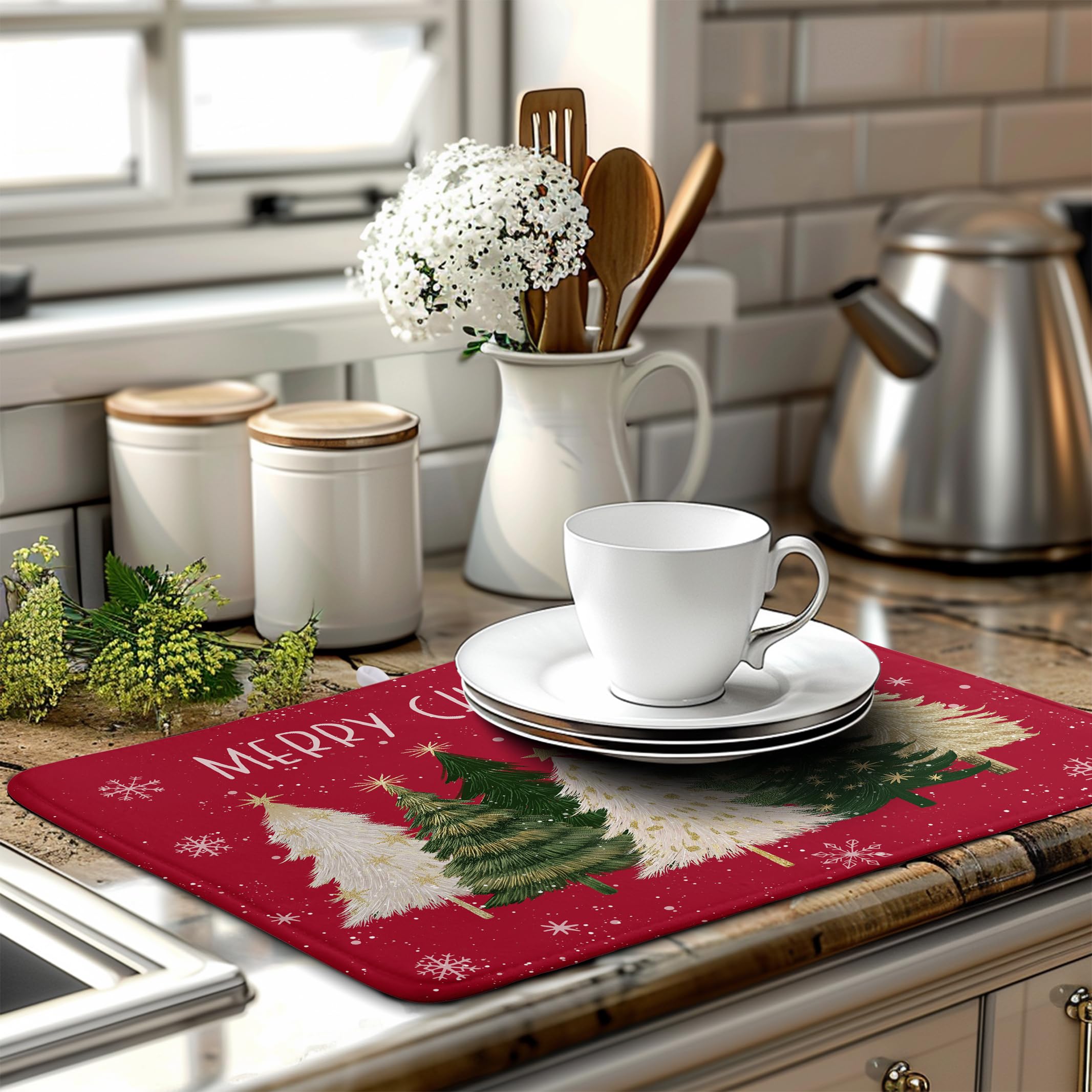 Wnoesat Merry Christmas Dish Drying Mat for Kitchen Counter 18x24 Inch Red Xmas Tree Snowflakes Drying Pad Winter Holiday Absorb