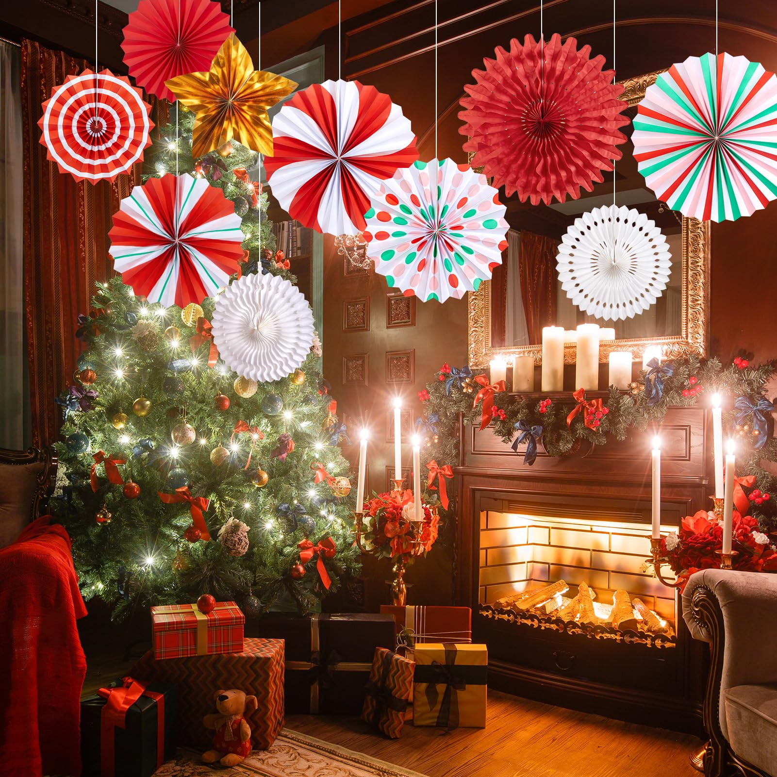 OBBOLO Christmas Paper Fans, Christmas Paper Decorations, Hanging Xmas Decor in Gold, Red, White and Peppermint Candy Theme Hone