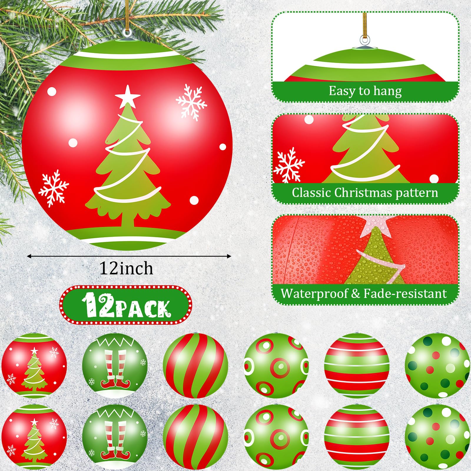 Jetec 12 Pcs Christmas Inflatable Balls 12 Inch Large Christmas Outdoor Ornaments Xmas Hanging Decorations for Winter Holiday Ou