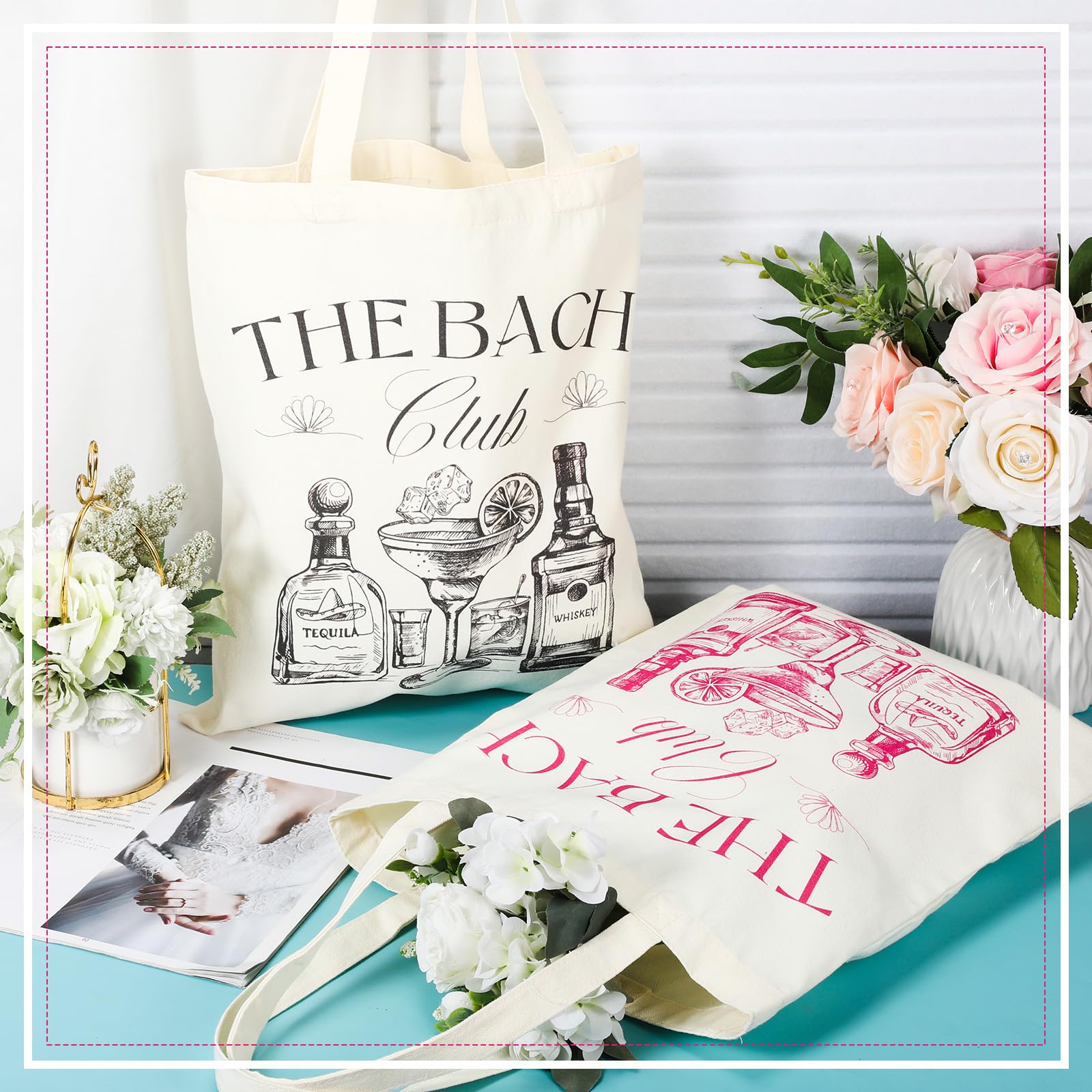 Aliceset 8 Pieces Bridesmaid Tote Bags Reusable Canvas for Bachelorette Bridesmaid Gift Bags Bridal Shower Tote(Rose Red, Black,