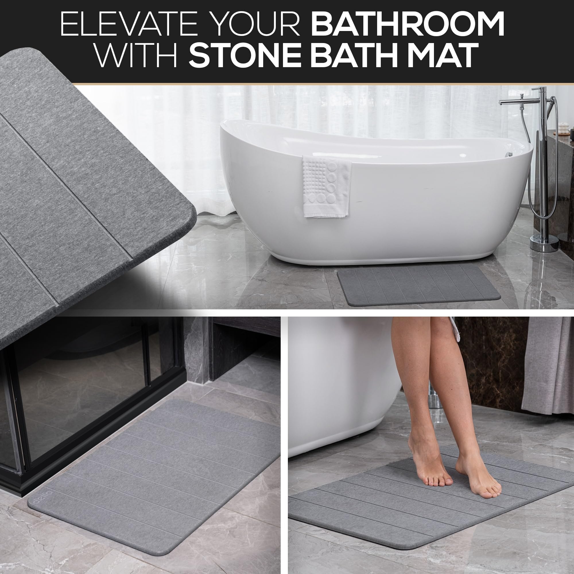 Della Extra-Large Stone Bath Mat - Super Absorbent Diatomaceous Earth Shower Mat - Quick Drying Bathstone For Bathroom Floor - W