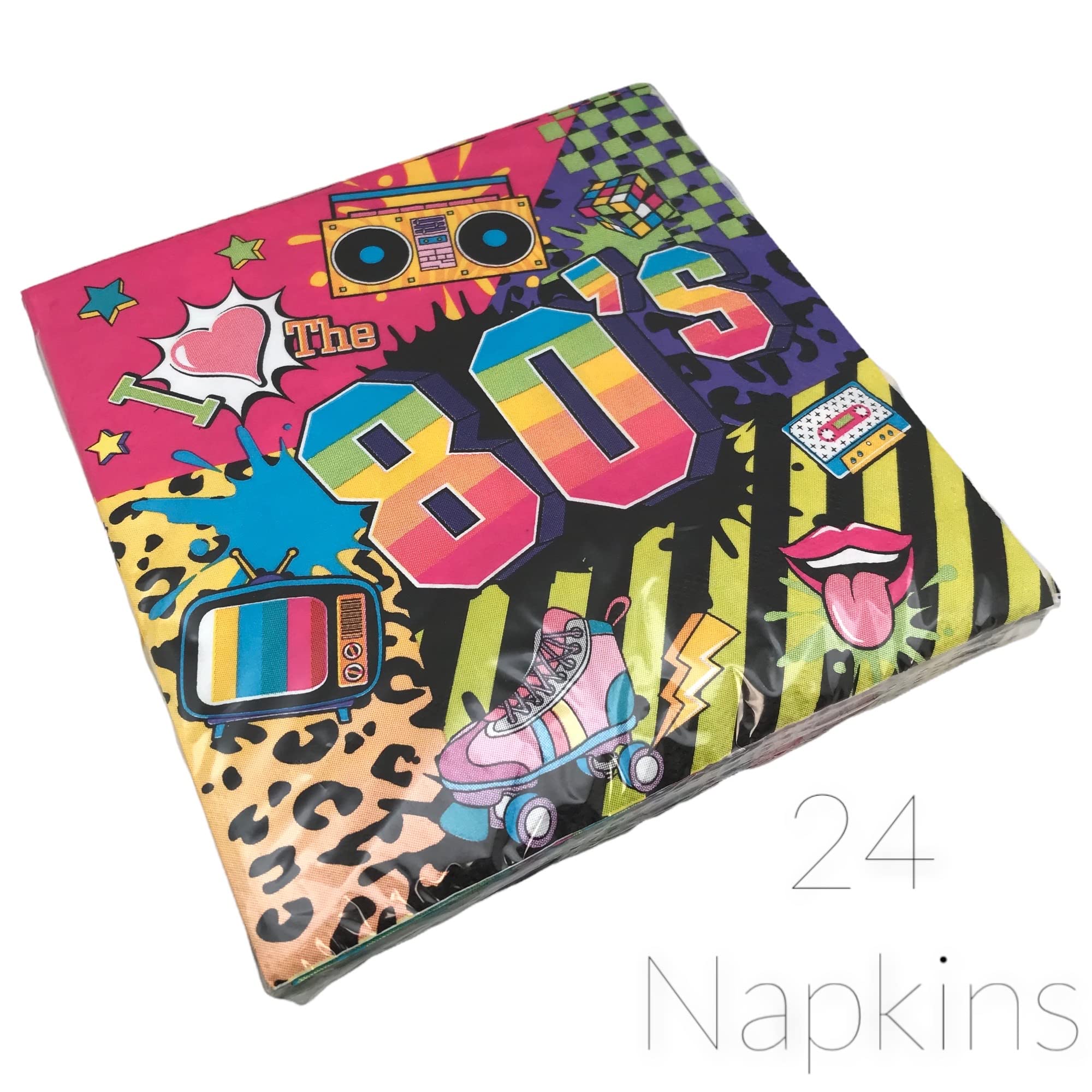 Oojami Serves 24 Complete 80'S Themed Birthday Party Pack Includes Paper Plates, Cups, Napkins, 2 Table Covers, Swirls, Ideal Fo