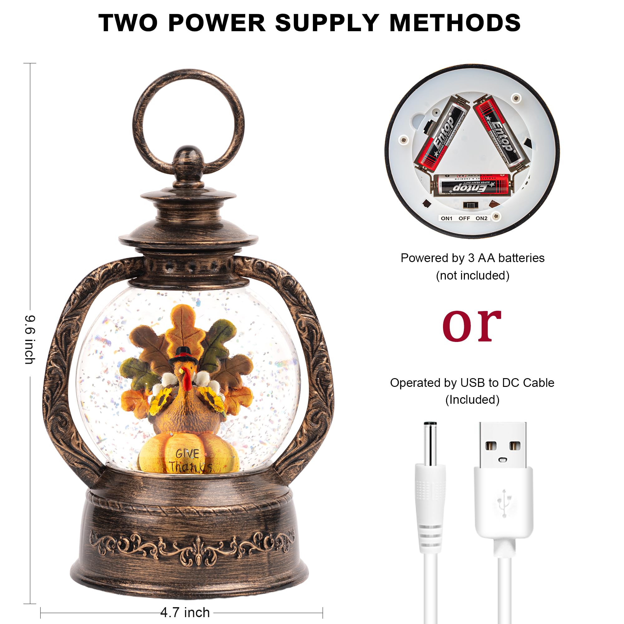 Fall Snow Globe Lantern -Thanksgiving Turkey with Pumpkin Spinning Water Lantern with Swirling Glitter Fall Decorations for Home