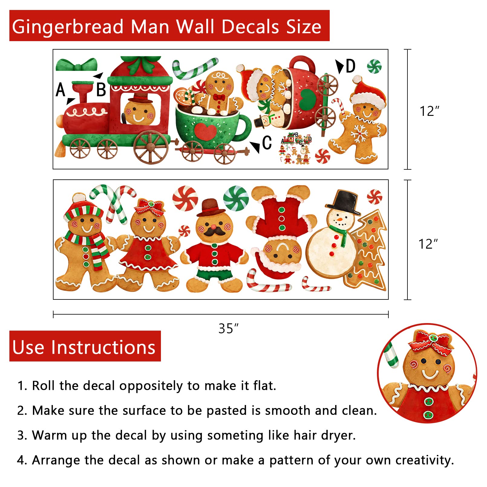 Yovkky Christmas Gingerbread Man Wall Decals Stickers, Xmas Snowman Santa Claus Winter Home Bedroom Decor, 2024 New Year Candy C