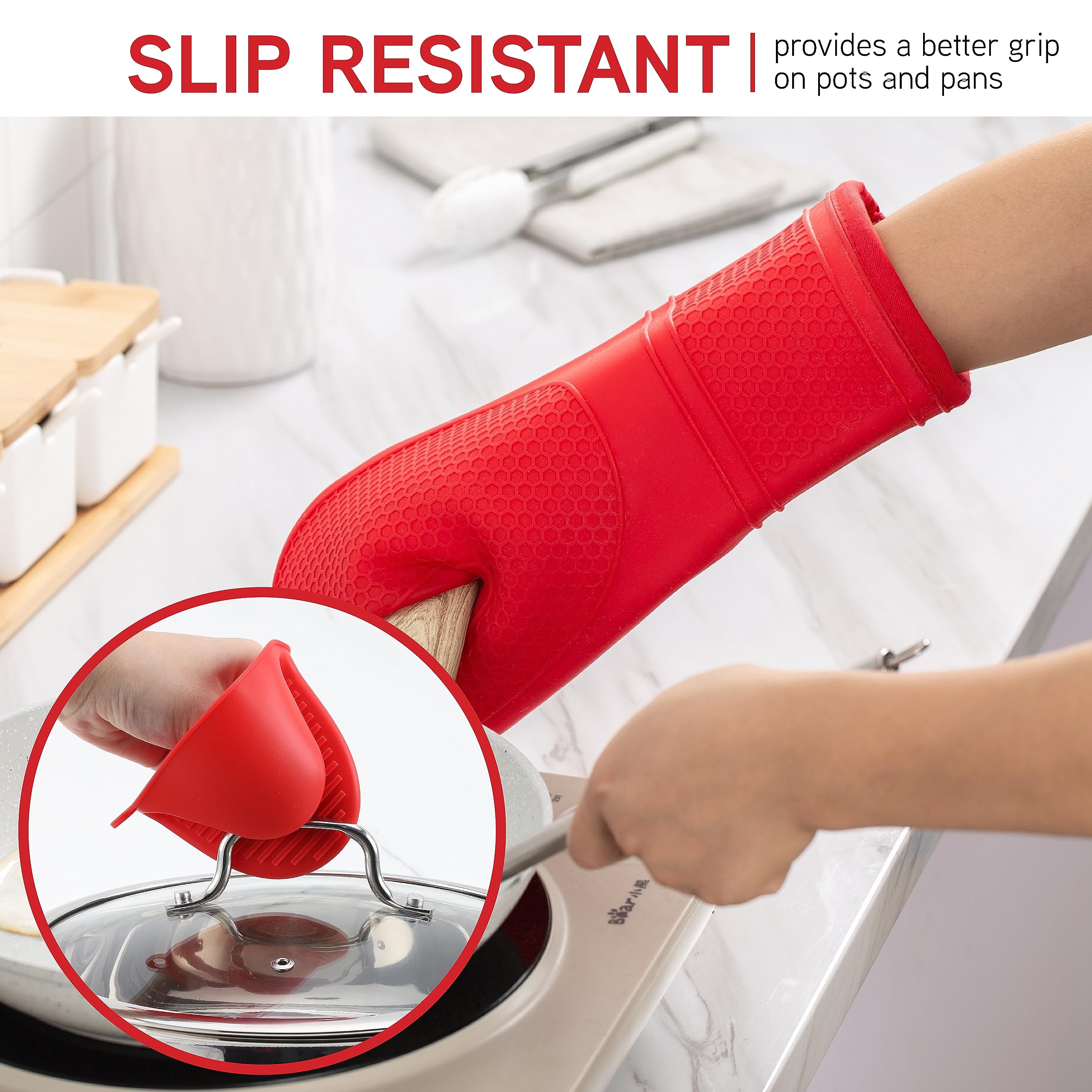 Cook With Color Silicone Oven Mitts- Heat Resistant Gloves With Soft Quilted Lining Oven Mitt Pot Holders For Cooking And Bbq, R