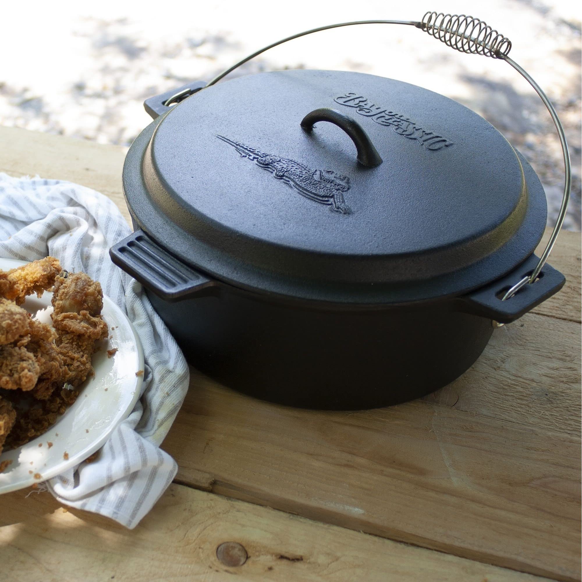 Bayou Classic 10-Qt Pre-Seasoned Cast Iron Chicken Fryer Features Cast Iron Domed Lid Cool Touch Coil Handle Perfect For Frying