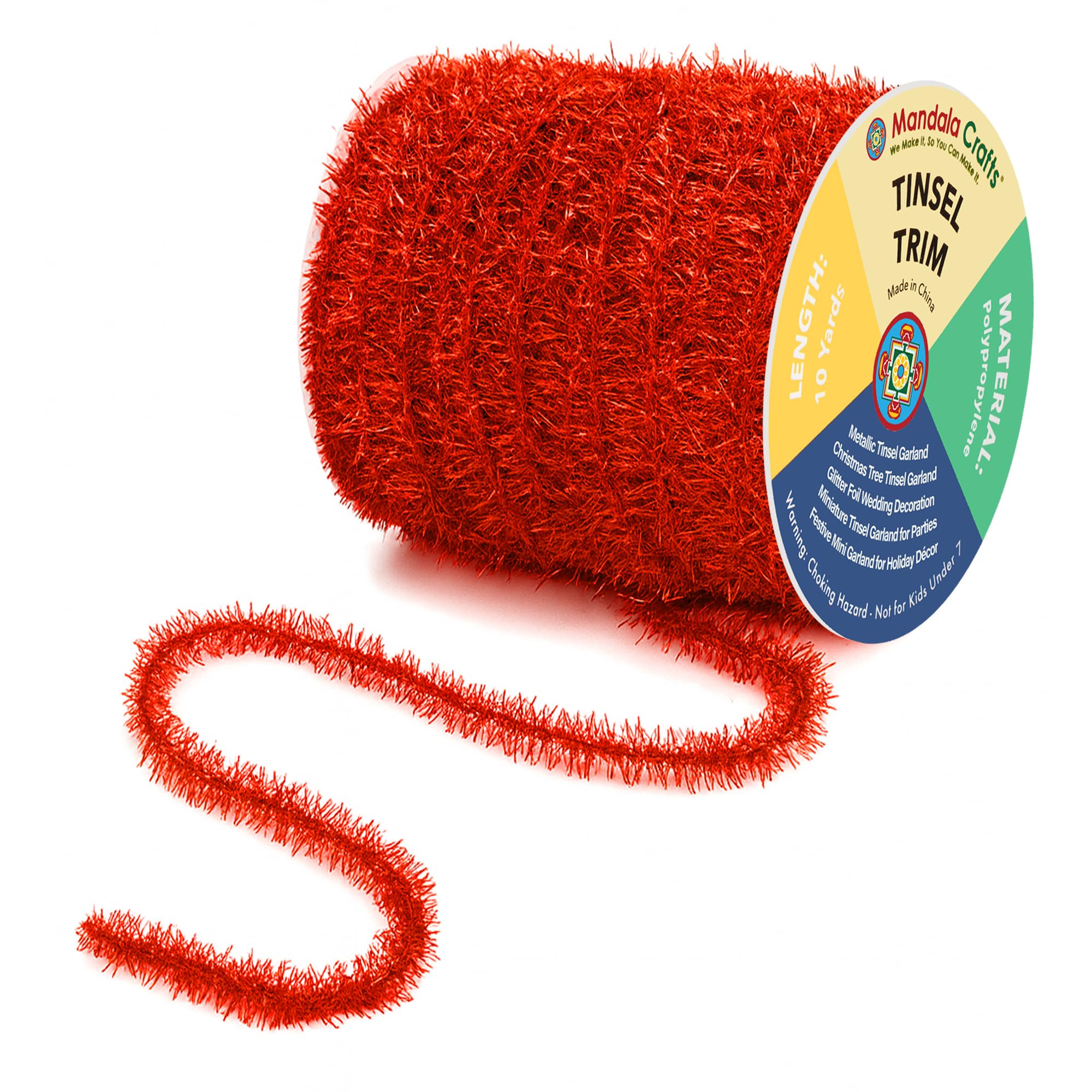 Mandala Crafts Red Tinsel Garland - 30 Feet Thin Metallic Foil Glitter Mini Garland for Christmas Tree, Party, Wedding Decor, an