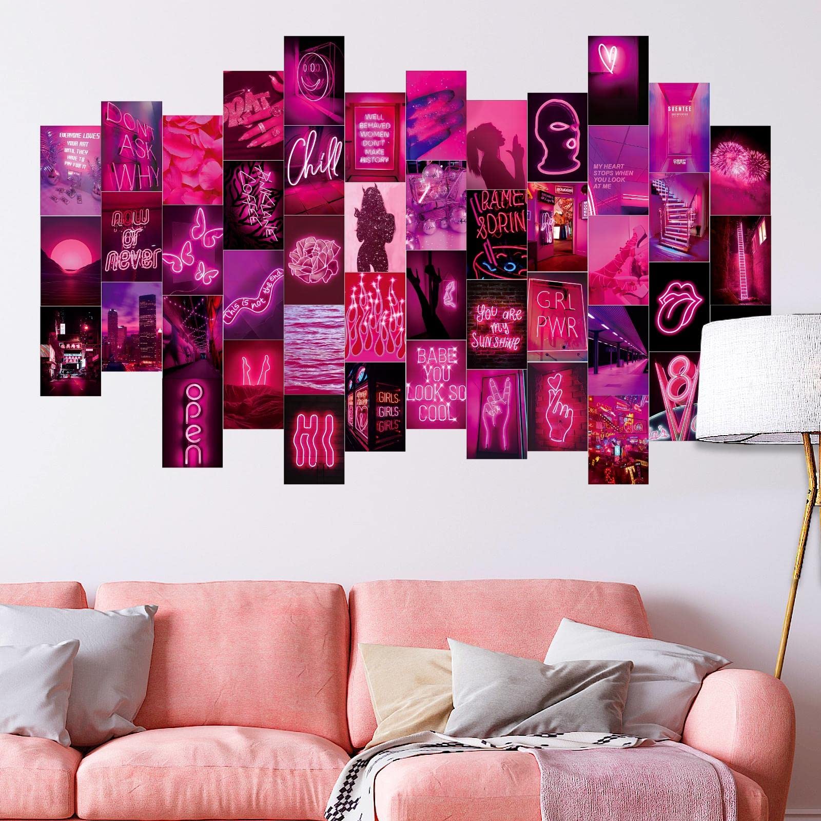 Lclaidydy 50 Pcs Wall Collage Kit Aesthetic Pictures, Pink Neon Room Decor Posters For Room Aesthetic, Dorm Photo Wall Decor For