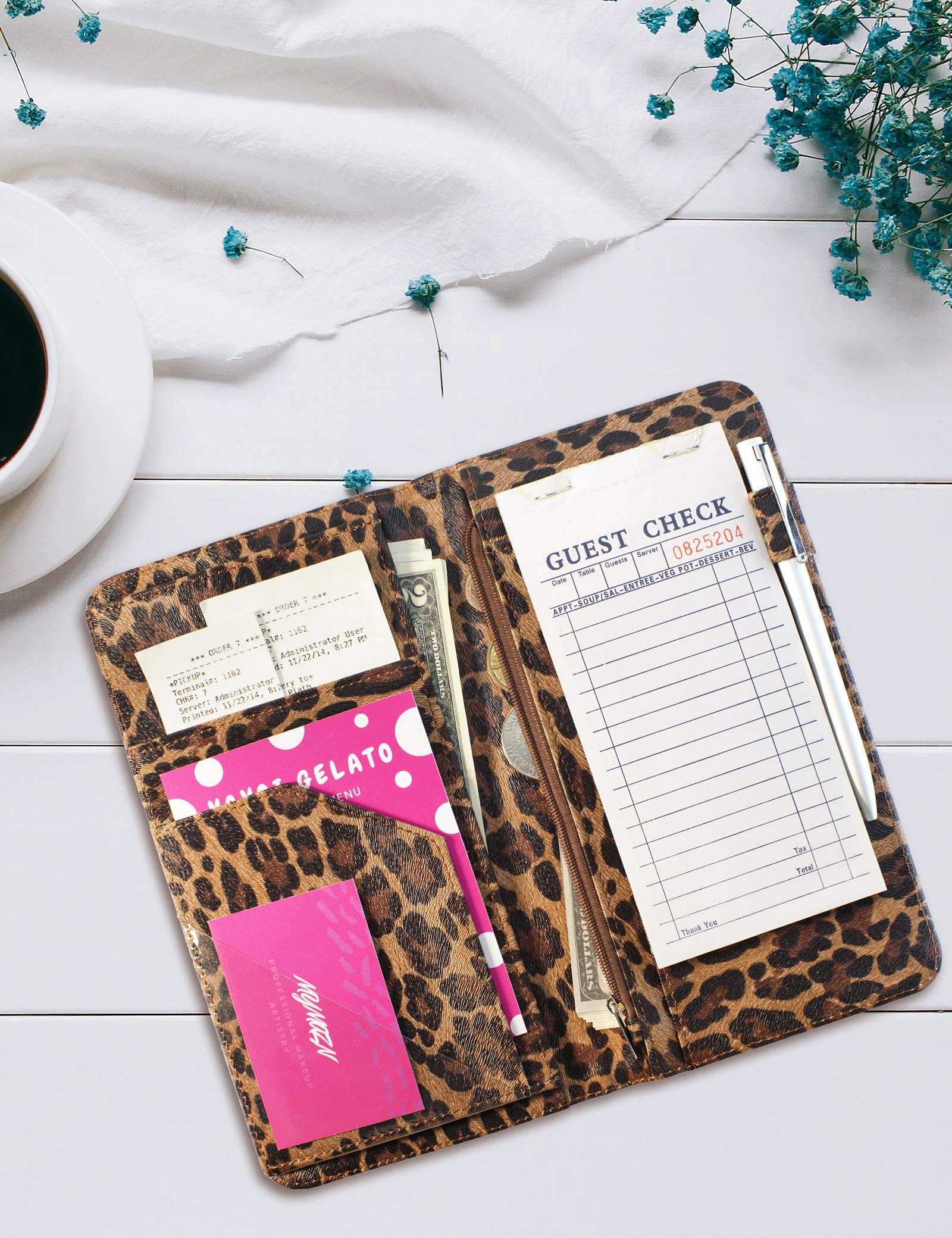 Server Book For Waitress Book With Zipper Pocket, 5X9 Leopard Magnetic Closure Server Wallet With Money Pocket And Zipper Pouch,