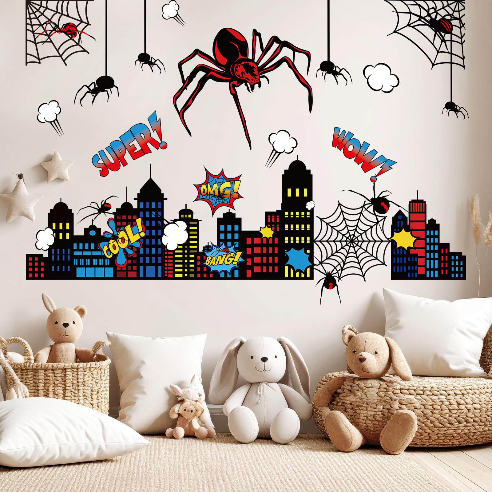 Gilprop Spider Theme Wall Stickers Spiderweb Wall Decal Colorful City Skyline Decor Pack Cool Comics Style Peel and Stick (XXL,S
