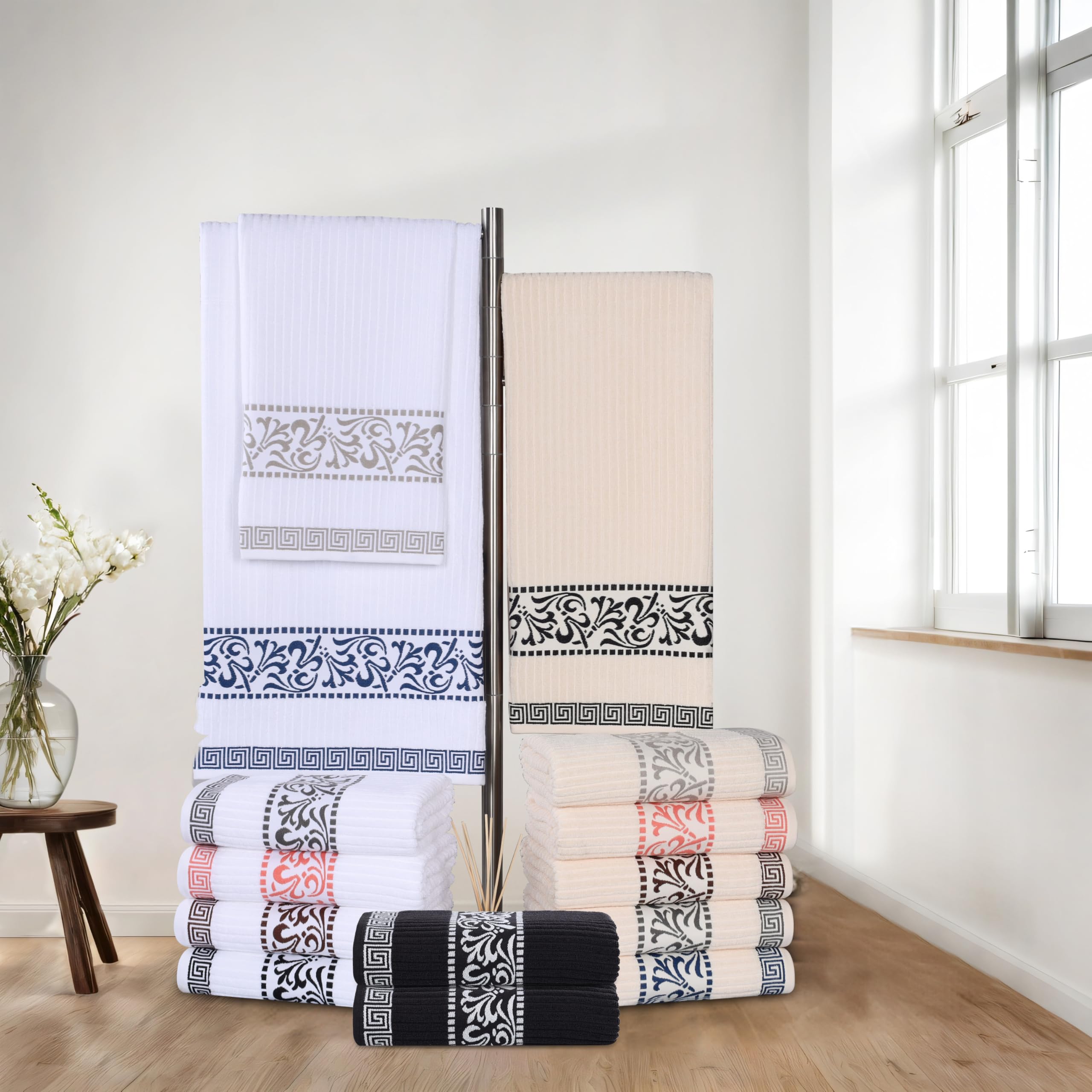 Superior 6-Piece Cotton Towel Set, Decorative Greek Pattern, Home Essentials, Absorbent Towels, Bathroom Decor, Spa, Resort, Inc