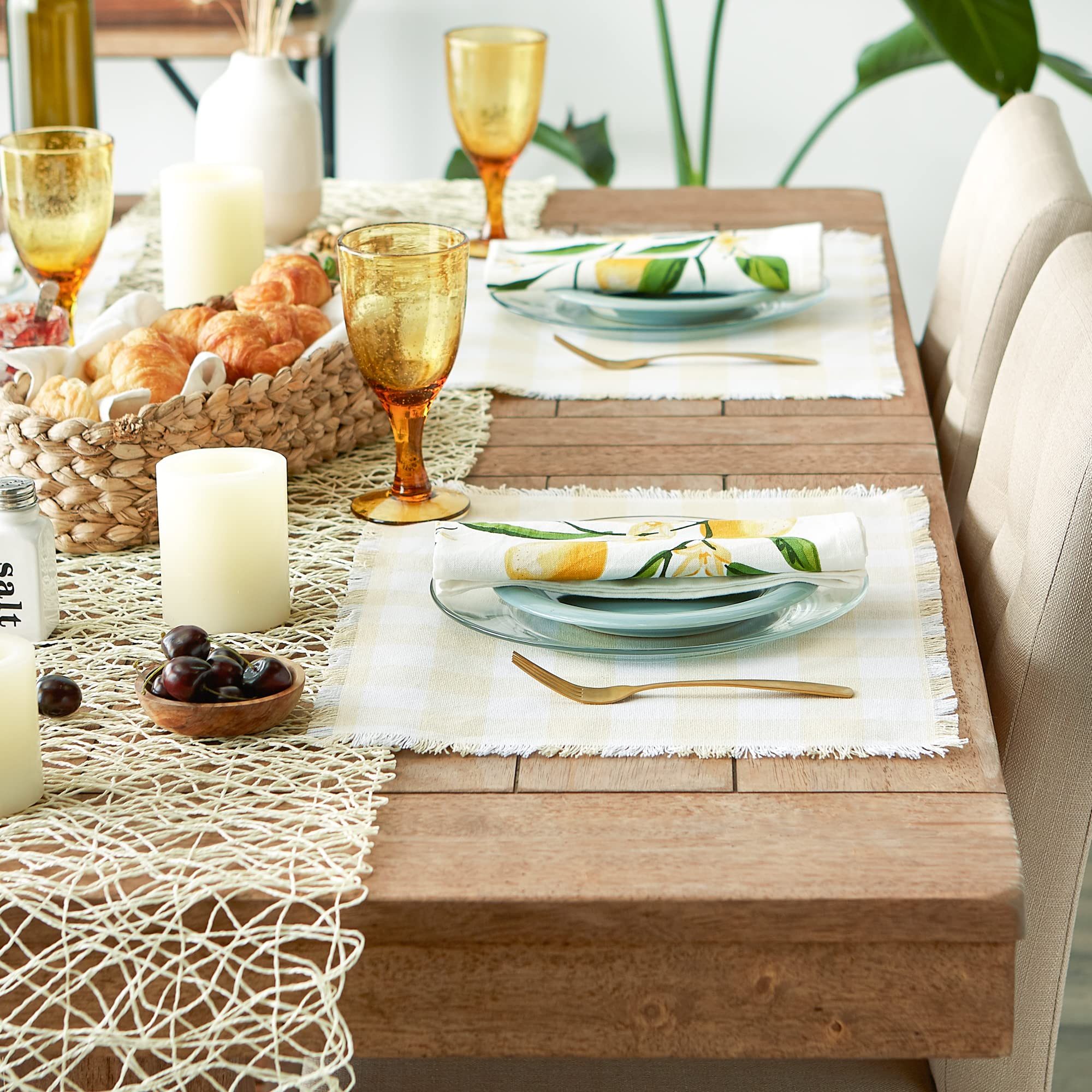 Dii Heavyweight Fringed Check Tabletop Collection, Placemat Set, 13X19, Natural, 6 Piece