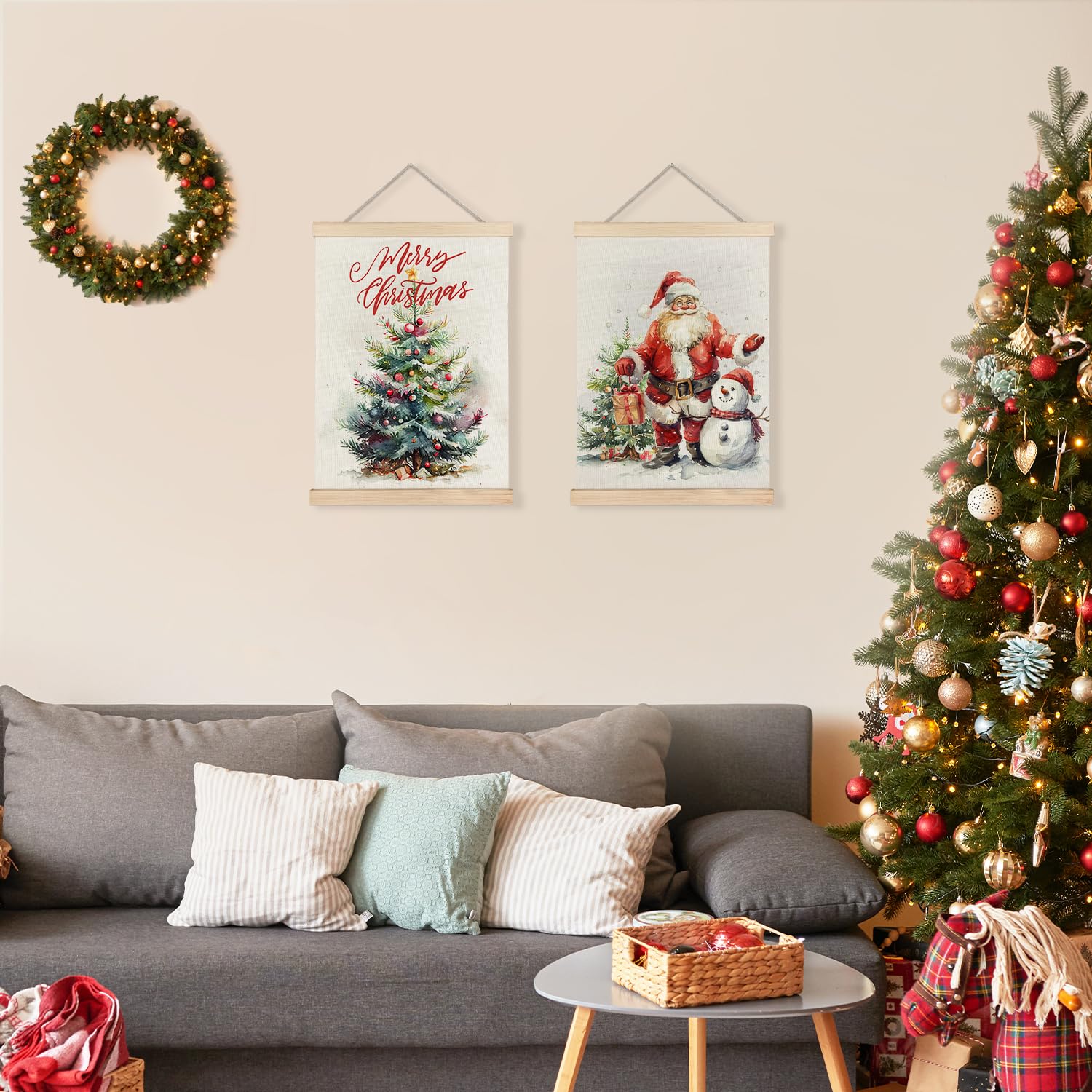 Luvadian Merry Christmas Wall Art With Wood Poster Hanger Set Of 2, Christmas Wall Decor, Christmas Tree Santa Claus Snowman Pos
