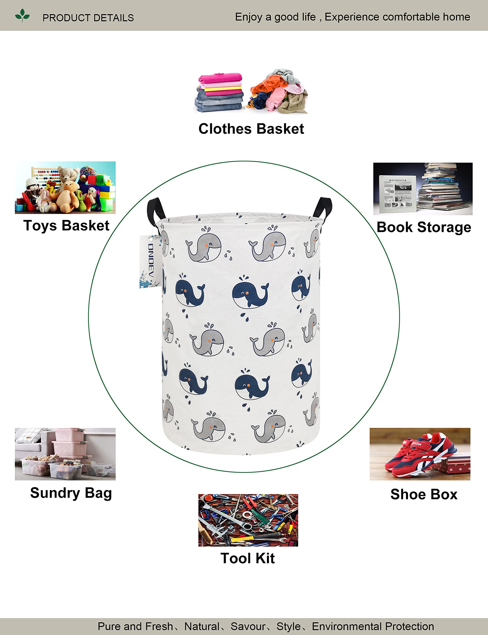 ONOEV Round waterproof laundry basket?foldable storage basket?laundry Hampers with handle?gift basket suitable for children's room and toy storage (whale)