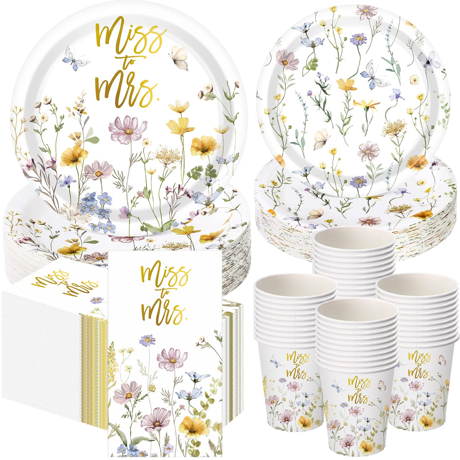 Funnymoom 250 Pcs Miss to Mrs Wildflower Party Decorations Floral Wedding Paper Plates Napkins and Cups Disposable Tableware Set