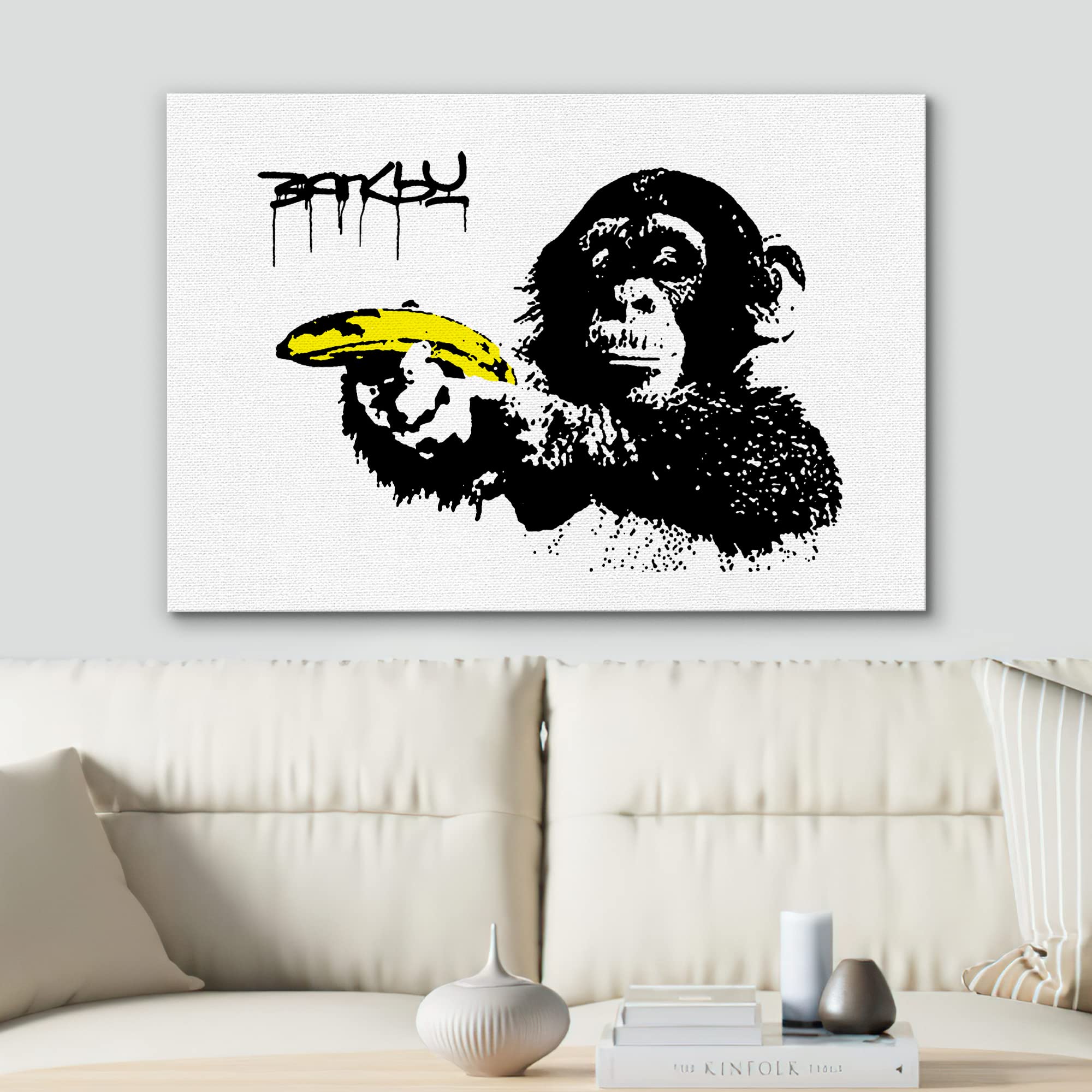 SIGNWIN Framed Canvas Wall Art Banksy Monkey with Banana Print Graffiti & Street Art Famous People Pop Art Modern Urban Multicolor for Living Room  Bedroom  Office - 16x24 inches