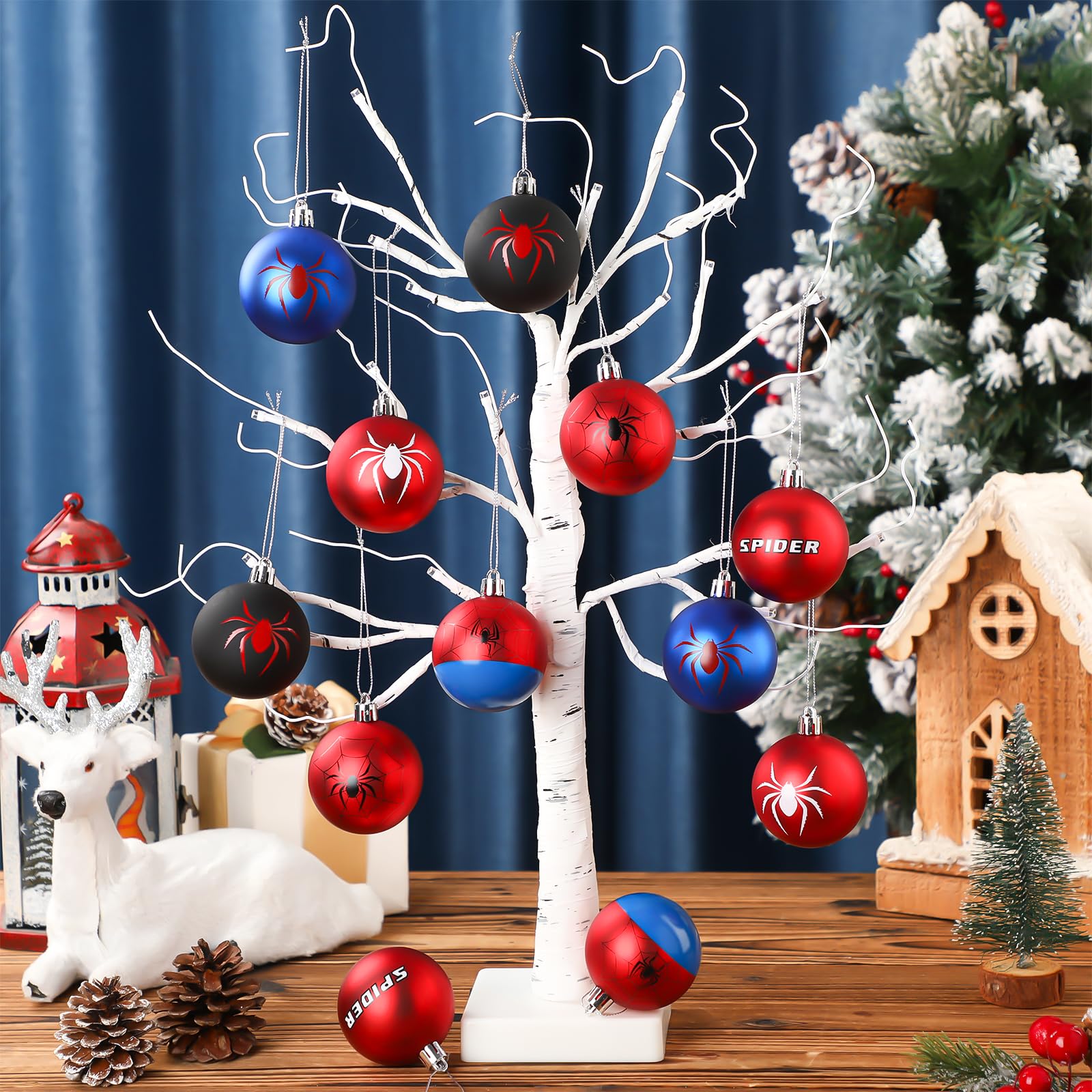 Civaner 12 Pcs 2.36 Inch Spider Christmas Ball Ornaments Spider Web Hanging Ornaments Blue Red Christmas Tree Decoration for Xma