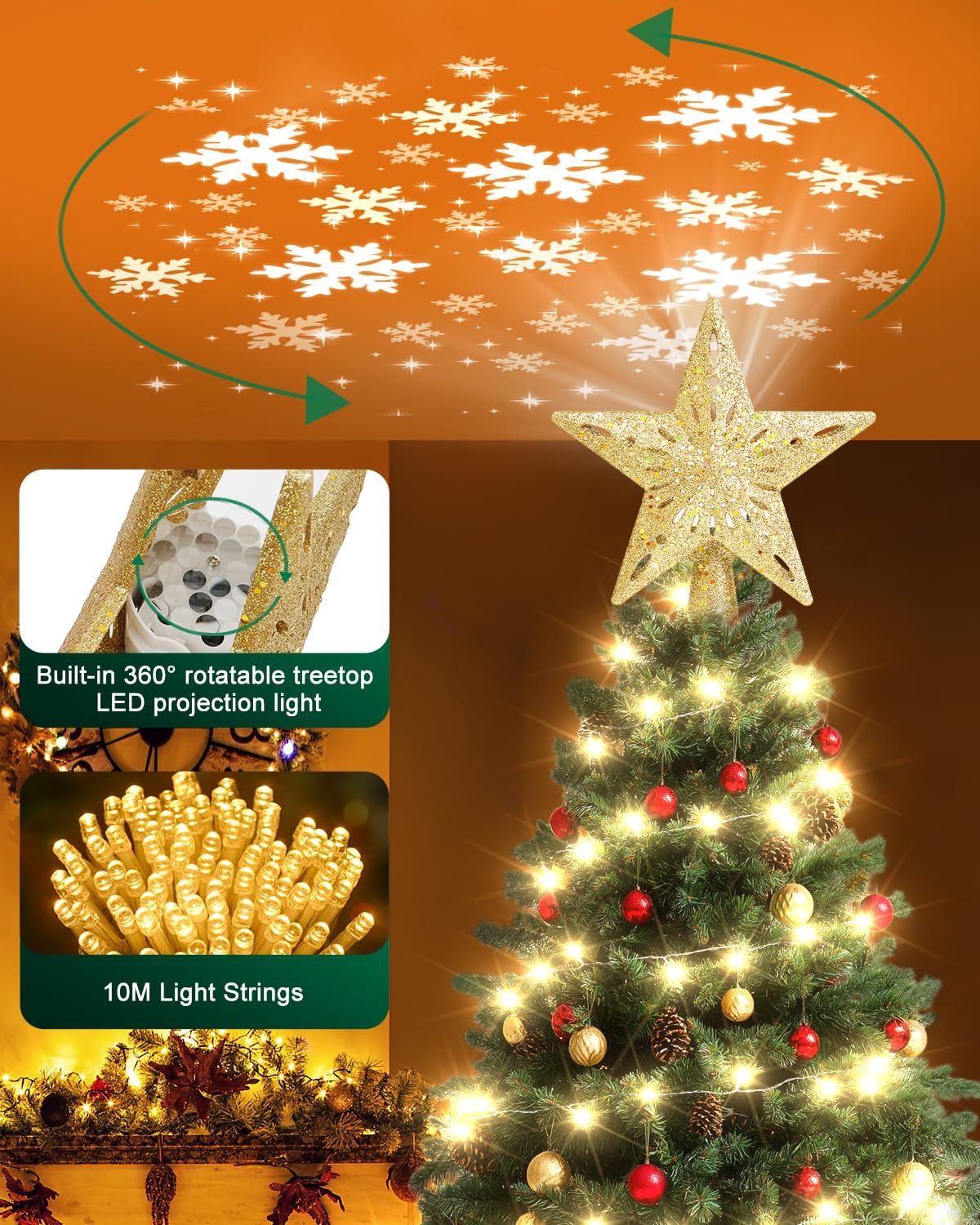 Kesfitt Christmas Tree Topper with 10M Warm Light Cord, Tree Top Star Decoration with 6 Projection Modes, Gold Tree Topper Light