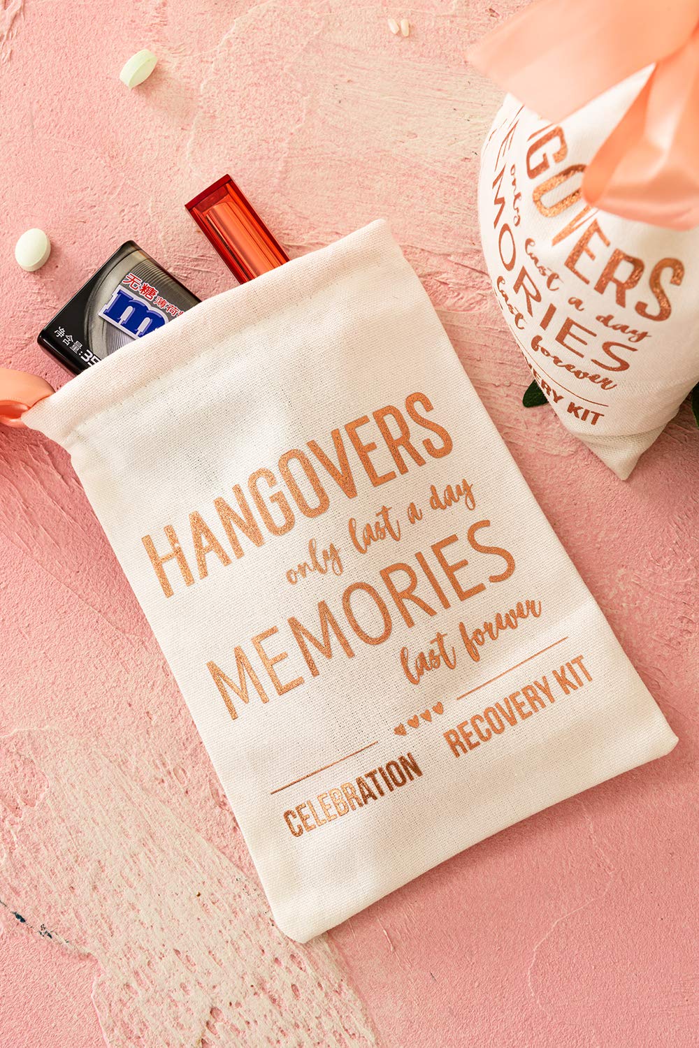 10 Pcs 5''X7'' Bridal Shower Party Gift Bags - Rose Gold Foil ''Hangovers'' - Bachelorette Hangover Kit Bags - Cotton Recovery K