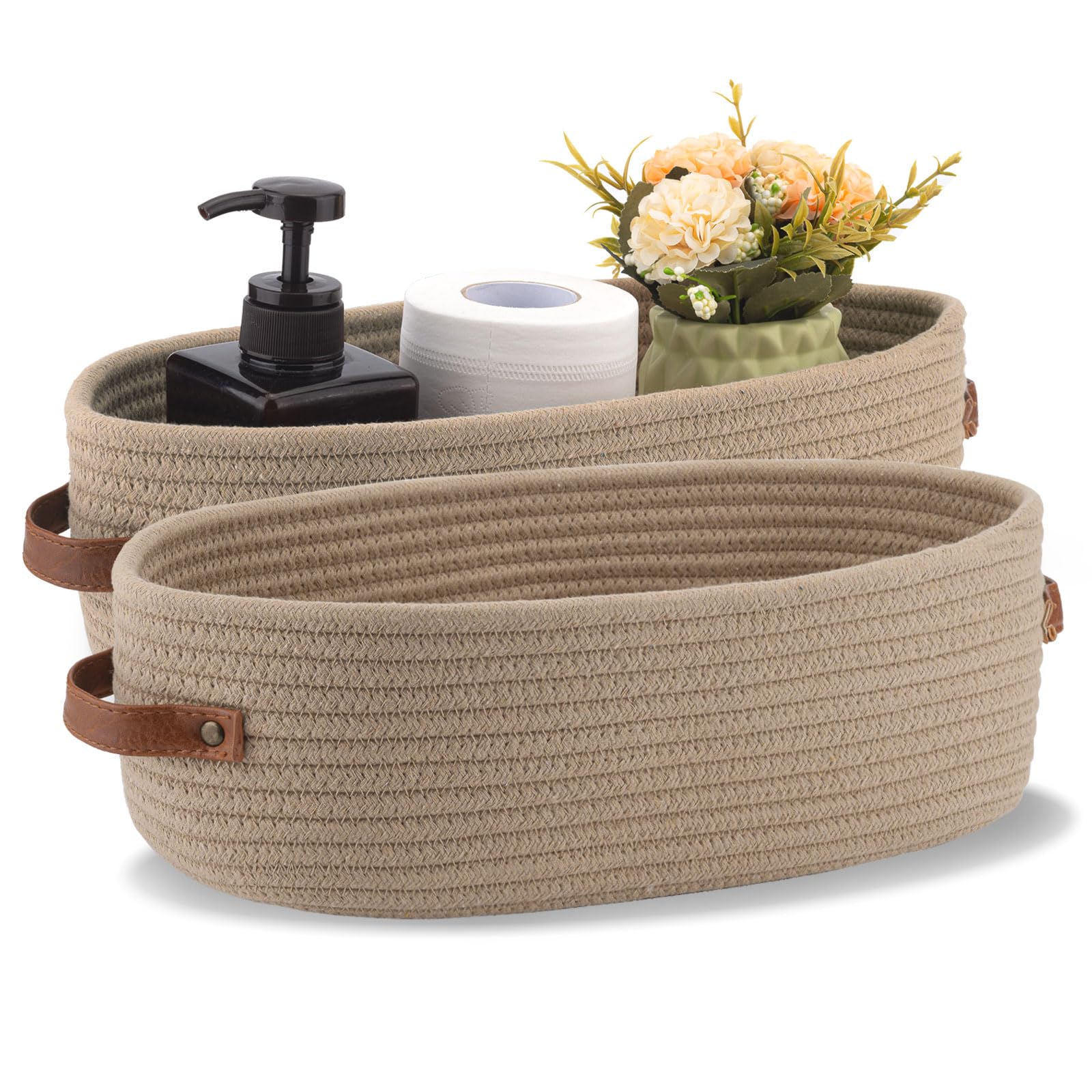 Oradrem Set Of 2 Storage Basket Boho Decor Baskets for Organizing Woven Decorative Basket for Countertop Toilet Paper Basket for