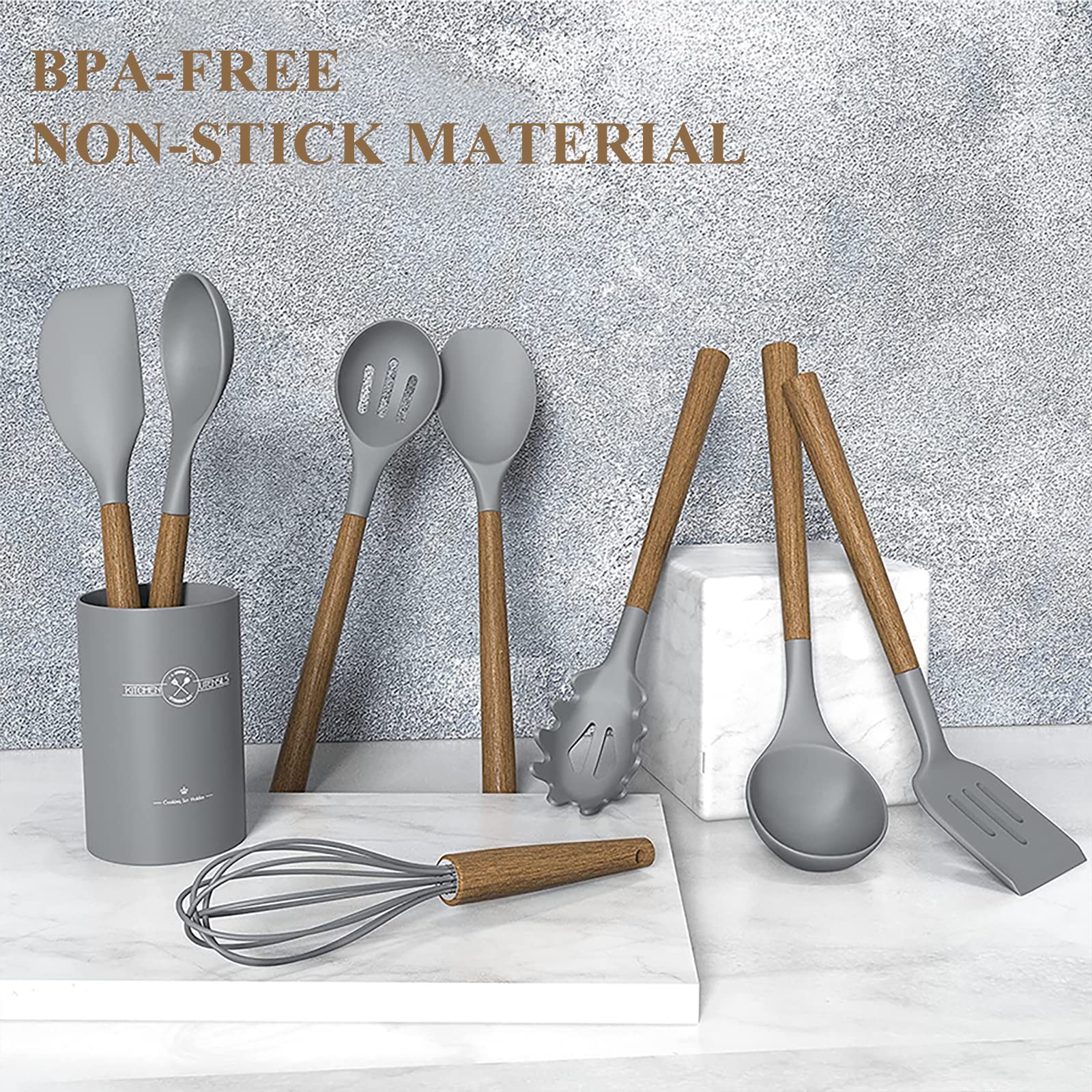 Silicone Kitchen Cooking Utensil Set  9Pcs Kitchen Utensils Spatula Set with Wooden Handle for Nonstick Cookware  446