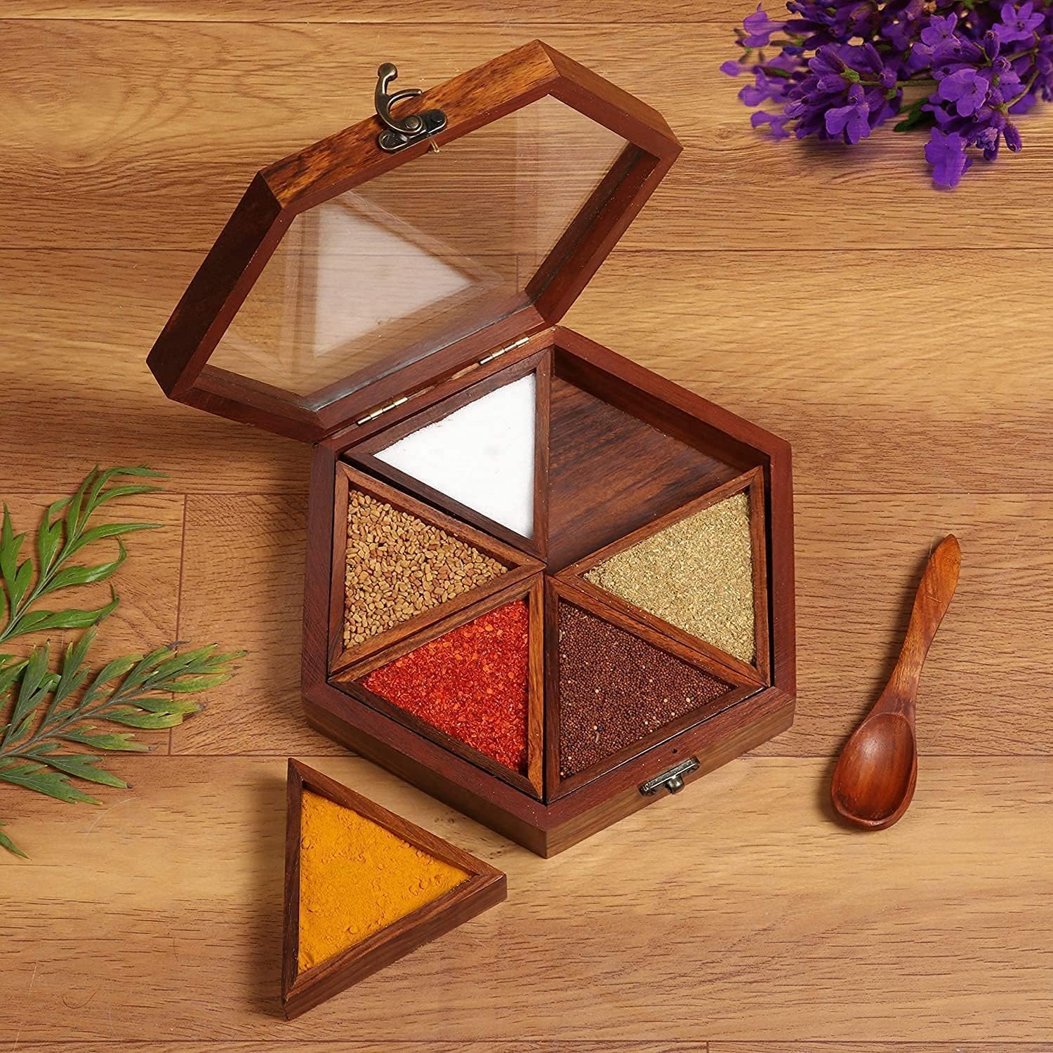 Rarestcorp Handmade Wooden Spice Box Set For Kitchen Including Spoon (Sheesham Wood, 6 Distinctive Containers, 45 Ml)  Kitchen 