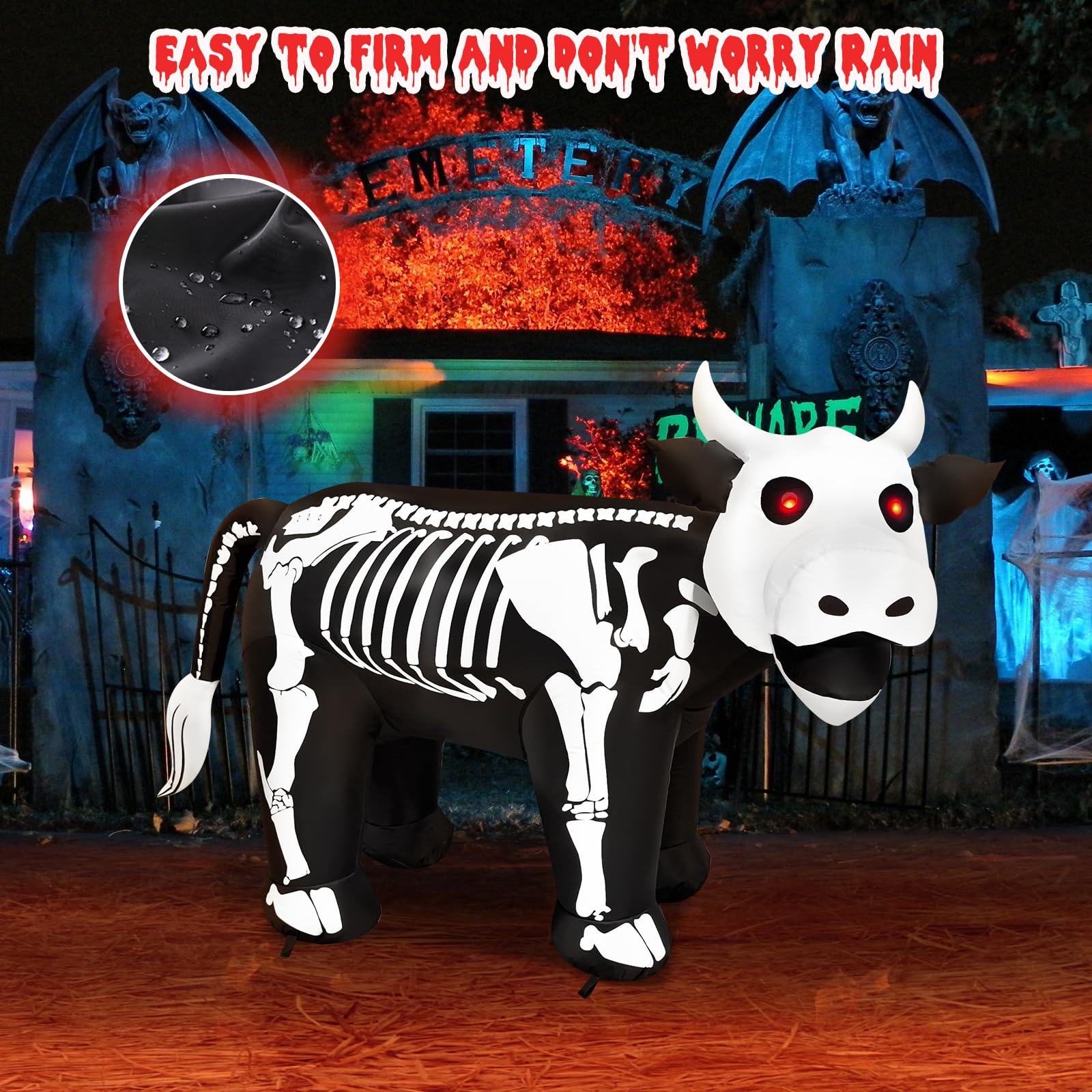 inslife 6FT Length Halloween Inflatable Cow Skeleton with Spooky Red Eyes Decoration, Halloween Blow Up Cow Skeleton Inflatables