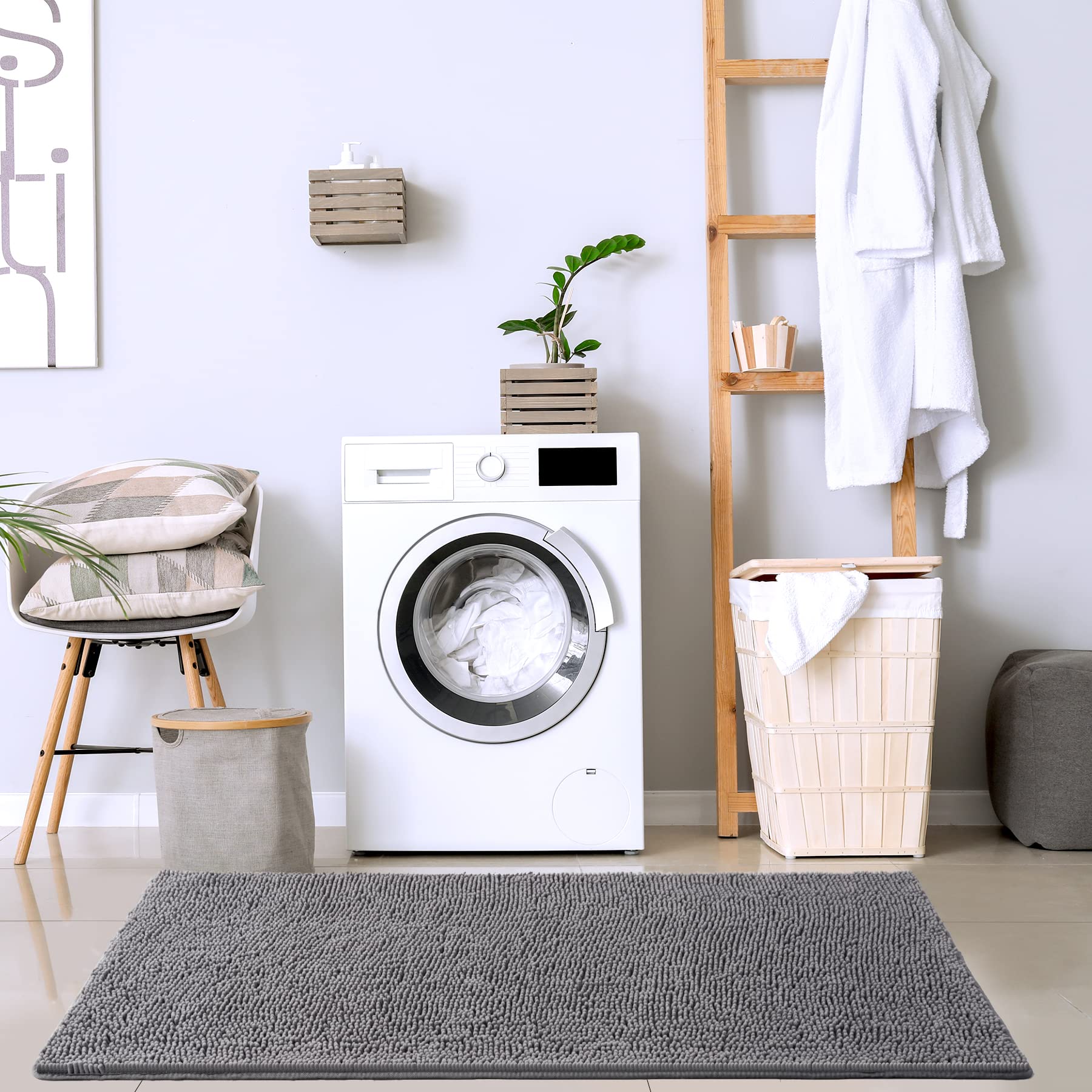 Noahas 24 ' 'x60 ' ' Grey Long Bathroom Rugs Runner Absorbent Bath Mats for Bathroom Non-Slip Washable Carpet Soft Plush Chenille Shower Mats for Bathroom Shaggy Durable Bath Rugs with Rubber Backing