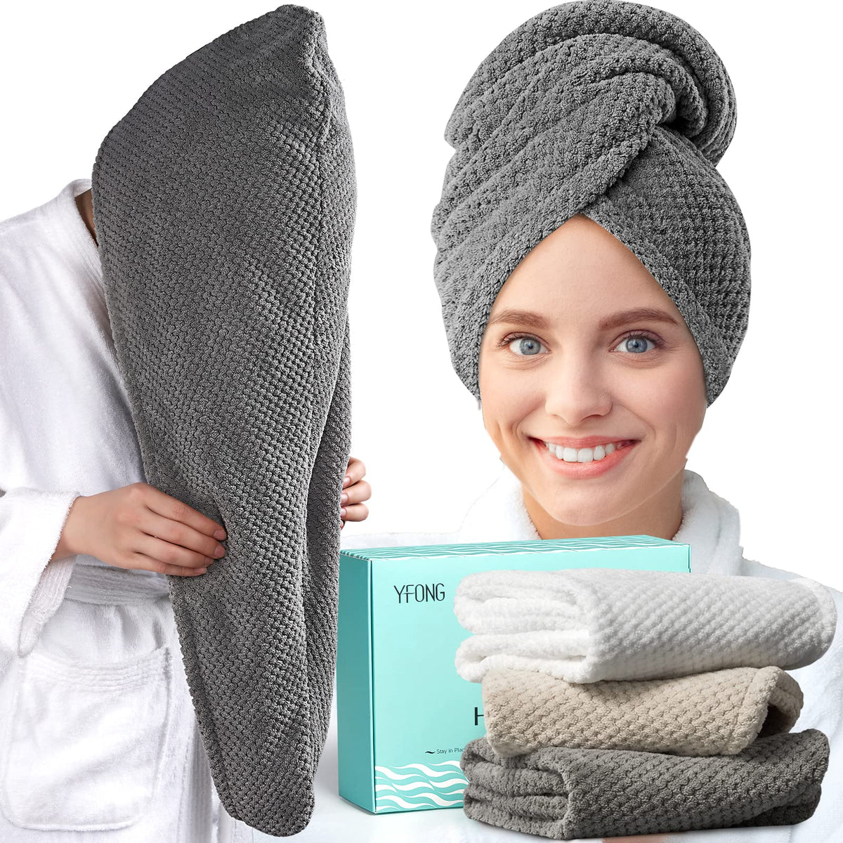 YFONG 3 Pack Large Microfiber Hair Towel Wrap, 30'' x 10'' Anti Frizz Quick Dry Hair Towels for Women Long, Curly, Thick Hair, S