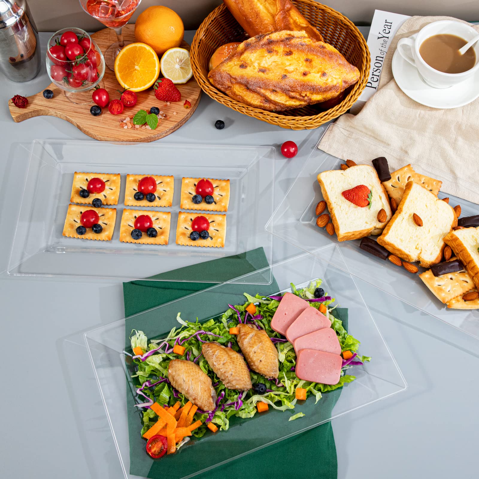 Dayammi 12 Pack Plastic Serving Trays, Heavy Duty Clear Plastic Serving Platters 13     8    Rectangle Disposable Serving Platte