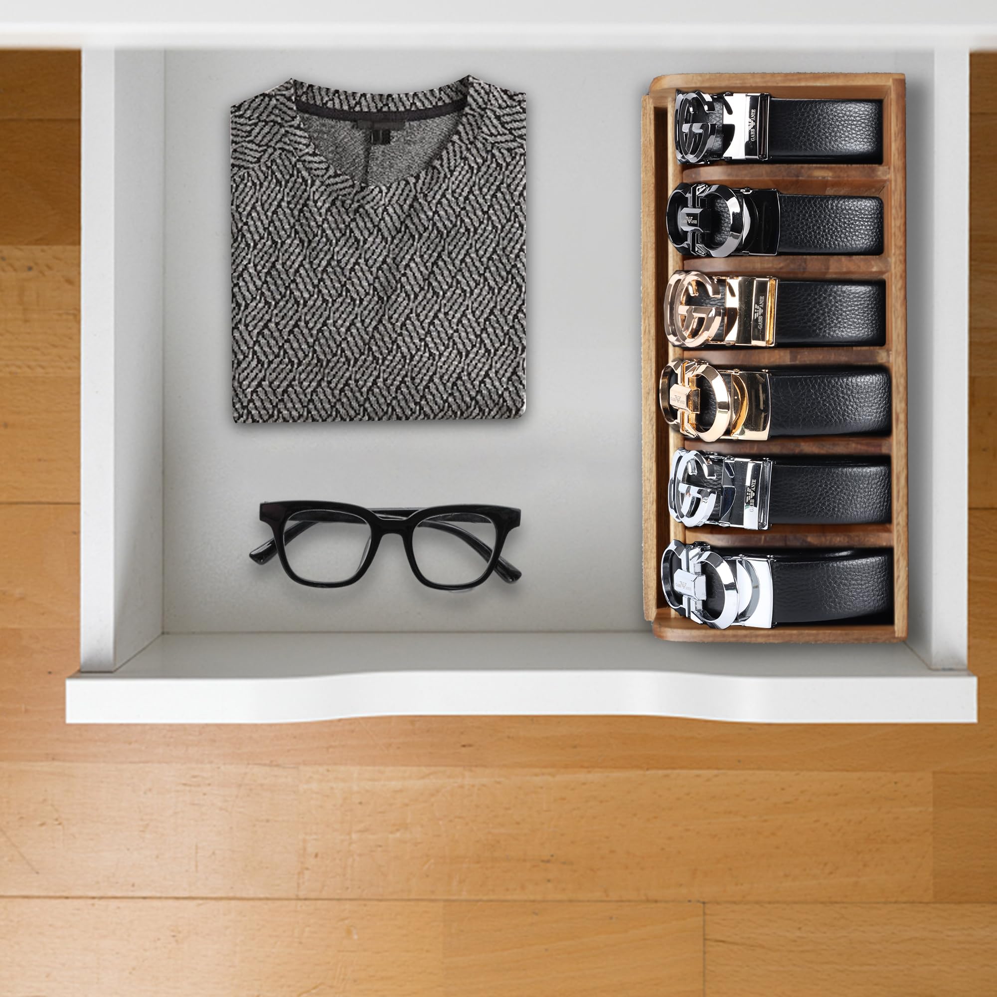 Minboo Acacia Wood Belt Organizer Box,6 Grids Belt Rack For Closet And Drawer, Belt Storage Organizer And Displayer For Men Wome
