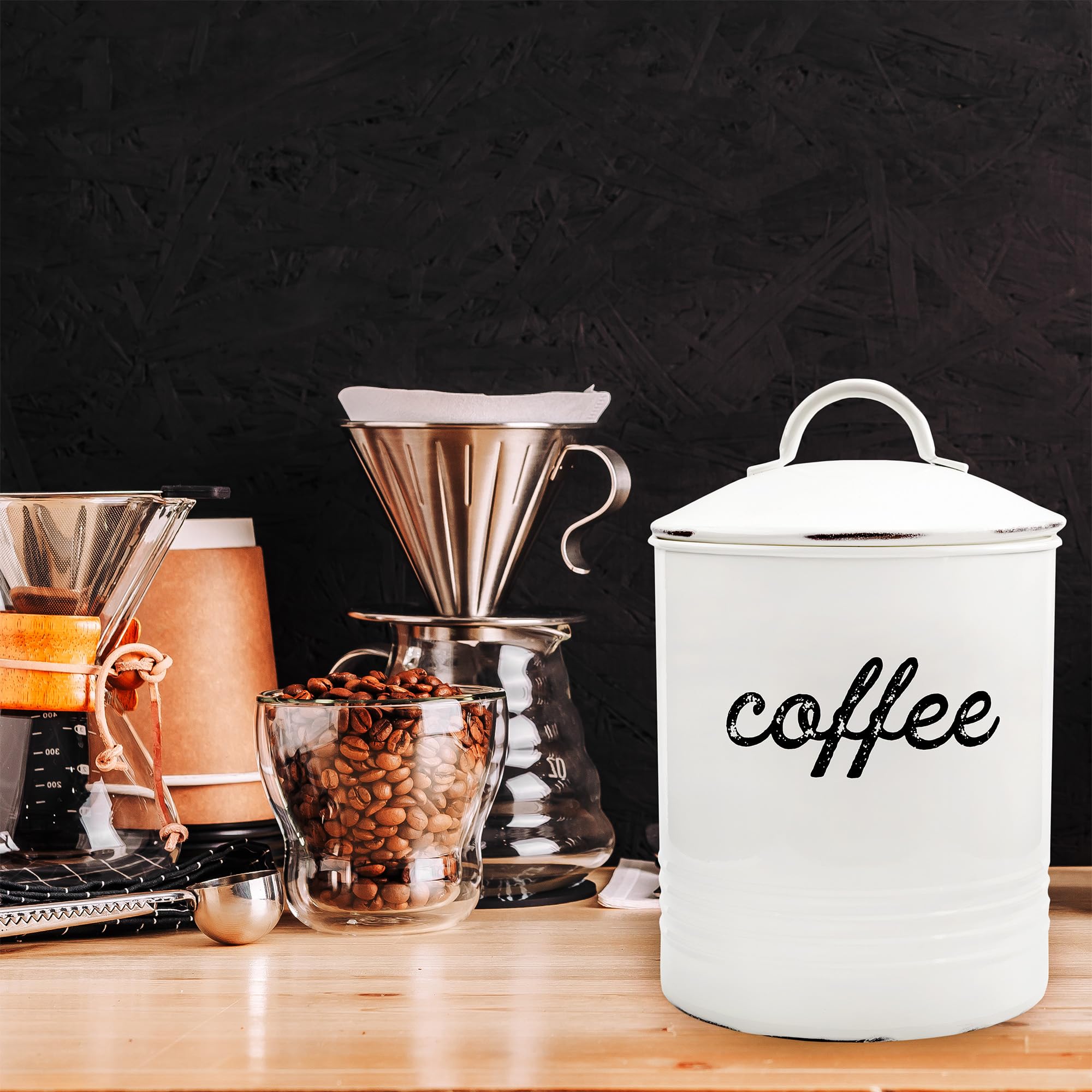 Auldhome Enamelware White Coffee Canister; Rustic Distressed Style Tea Storage For Kitchen
